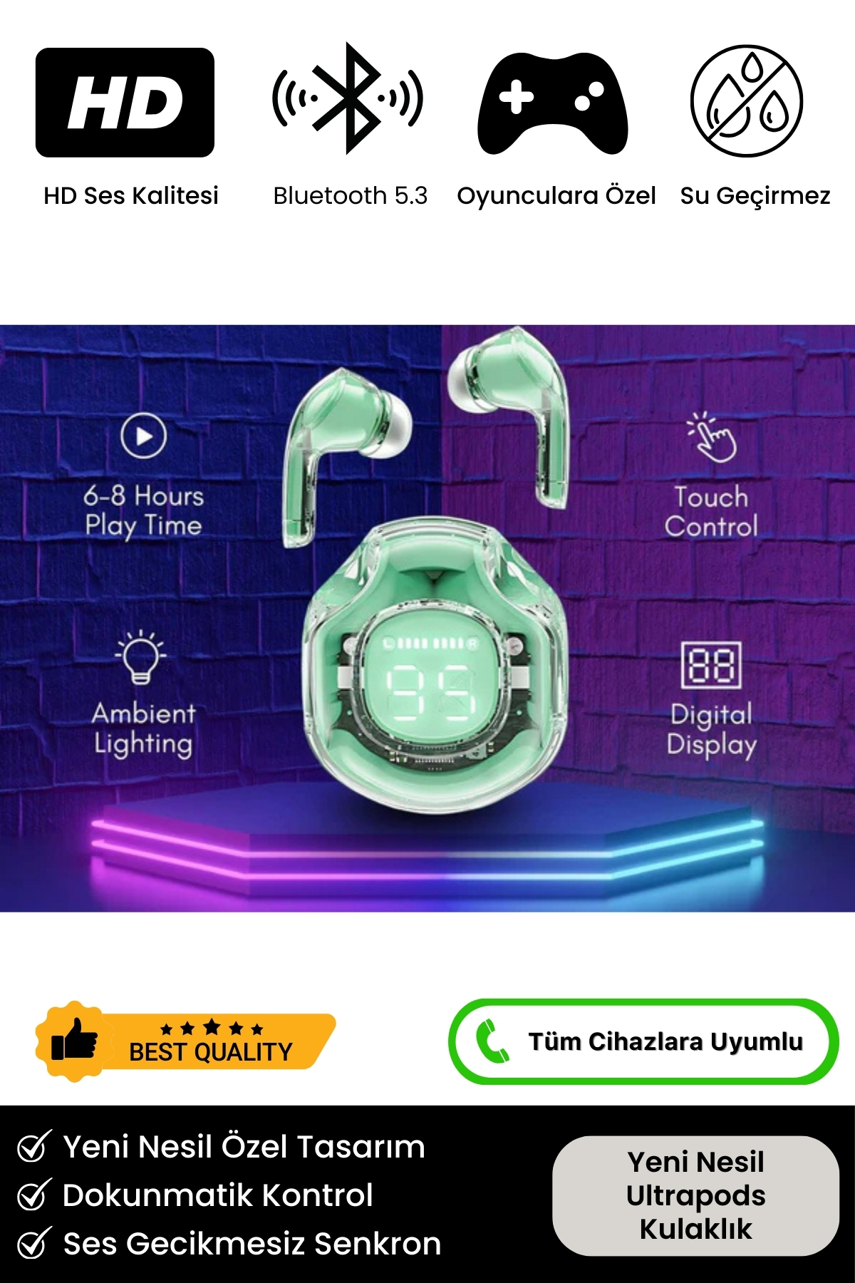 Yeni Nesil Ultrapods Pro 8D Stereo Ses Powerbanklı Ios Android Uyumlu Gaming Bluetooth 5.3 Kulaklık