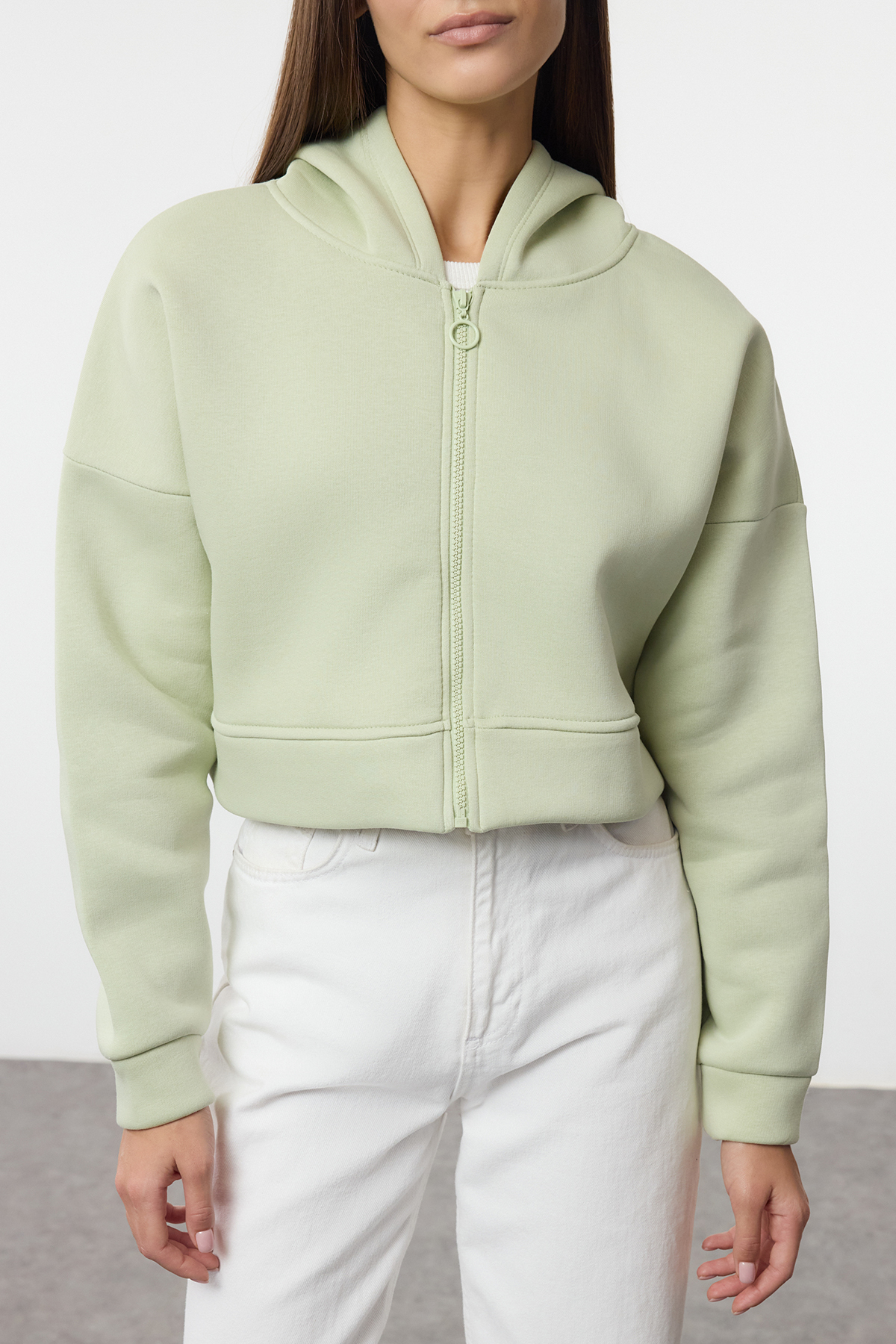 Trendyolmilla  Mint Fermuarlı Kapüşonlu Rahat Kesim Crop Kalın İçi Polarlı Örme Sweatshirt TWOAW20SW0660 - Görsel 3