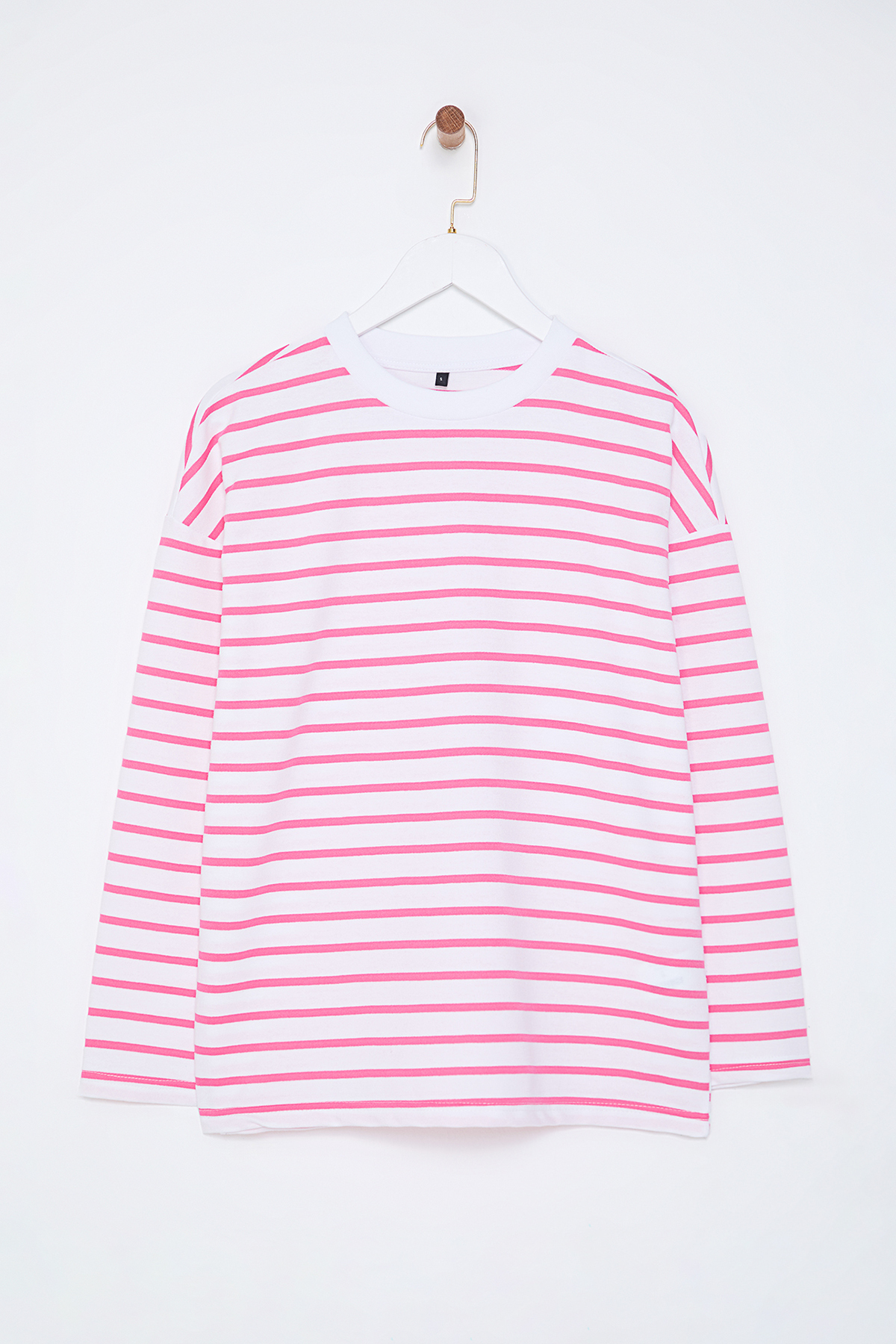 Trendyolmilla  Pembe Çizgili Oversize/Geniş Kesim Bisiklet Yaka İnce Örme Sweatshirt TWOAW23SW00326 - Görsel 6