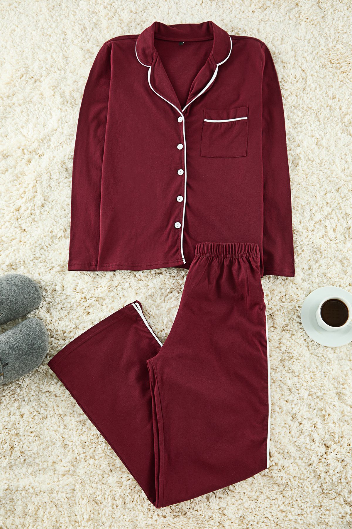 Trendyol Collection-Burgundy 100% Cotton Piping Detail Knitted Pajamas Set Thmaw25Pt00105 1