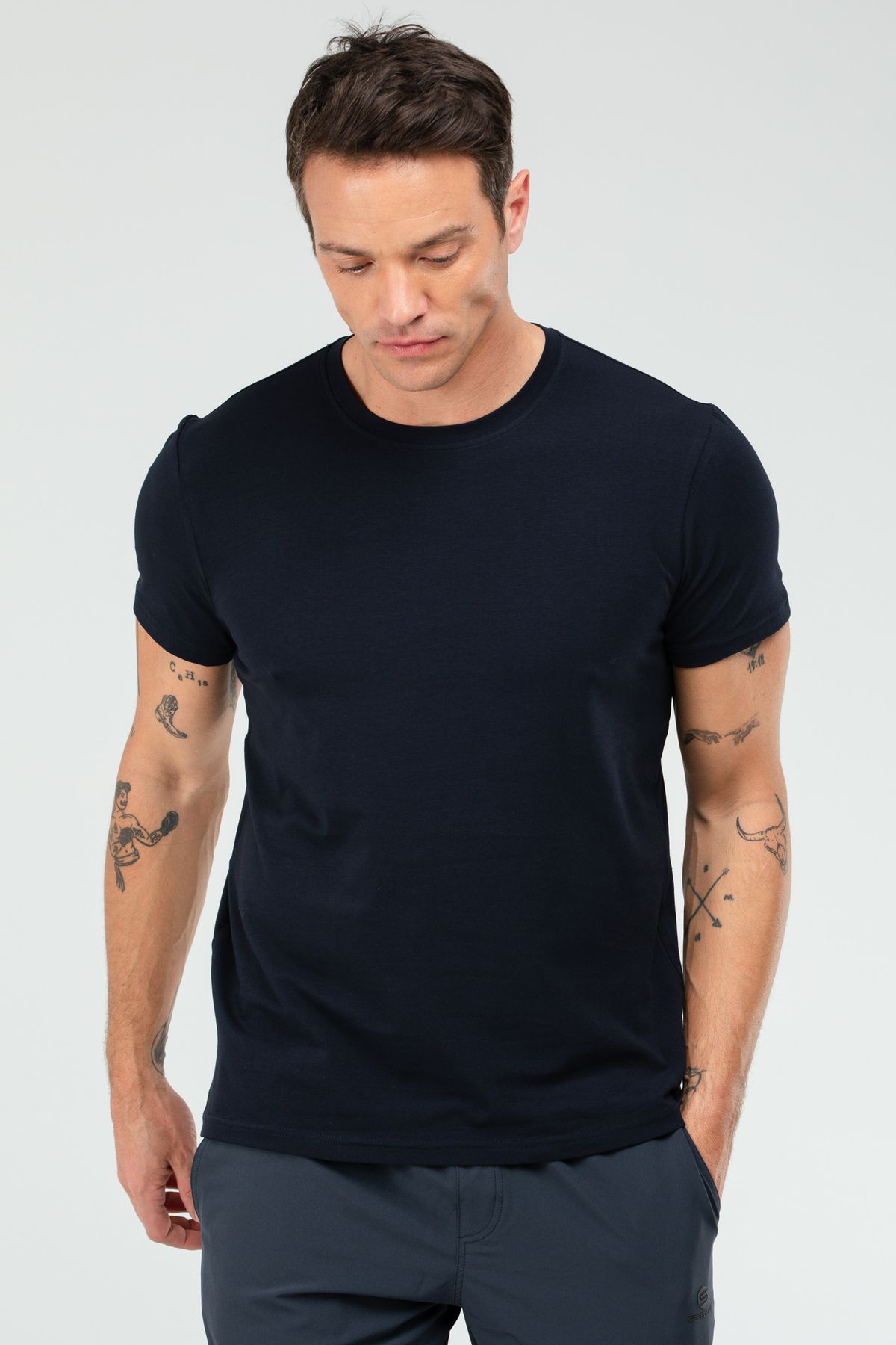 speedlife-Navy Blue Regular Cotton Crew Neck Short Sleeve Basic Men's T-Shirt Xf1708 1