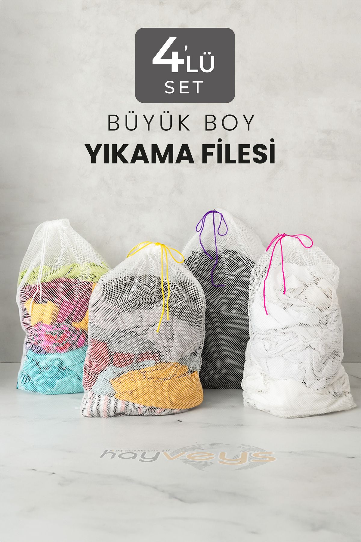 Hayveys 4 Adet Büyük Boy İpli Çamaşır Yıkama Filesi Hijyen Kıyafet File Torba