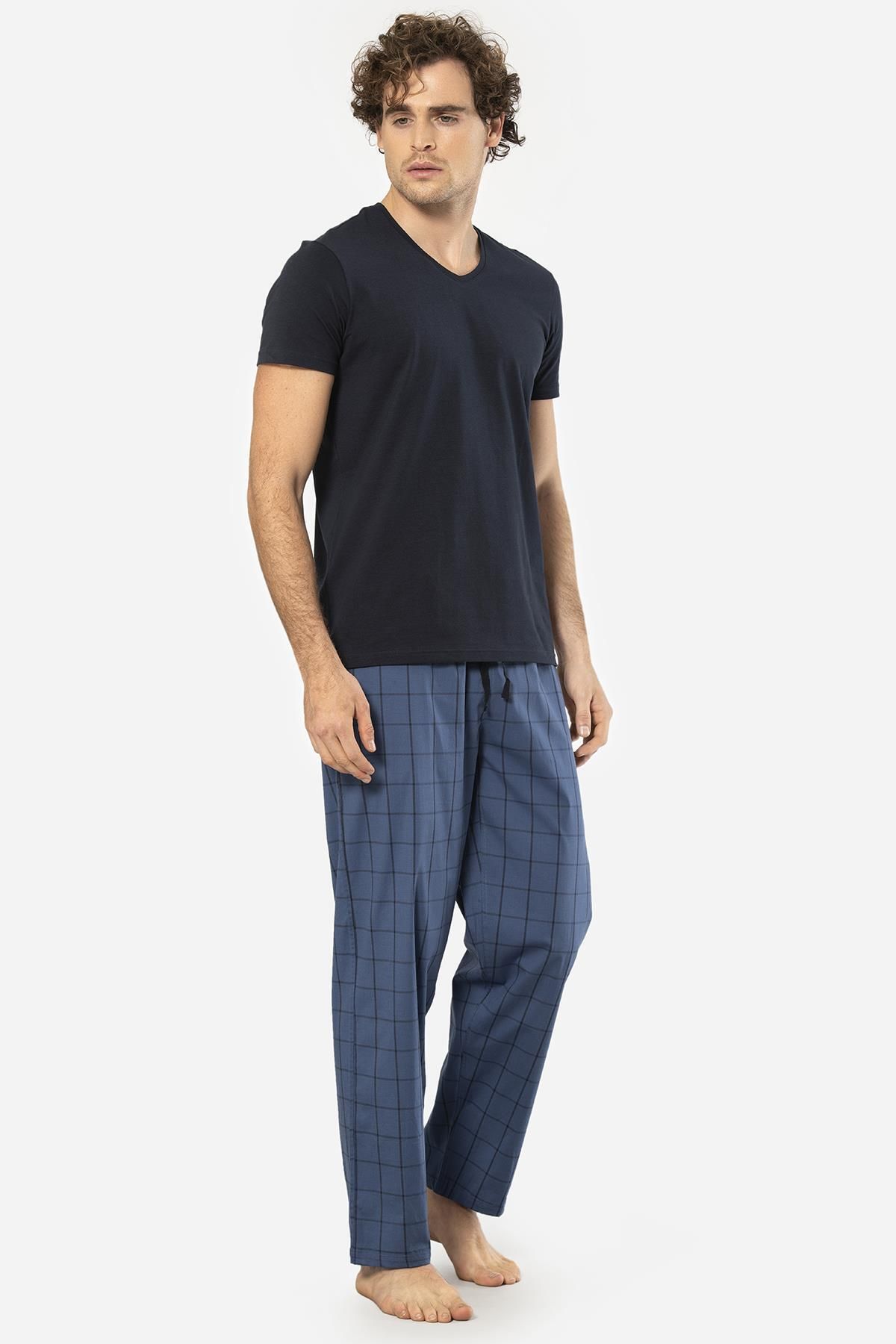 Cacharel-V-Neck T-shirt and Plaid Bottom Pajama Set - Short Sleeve and Pocket 2