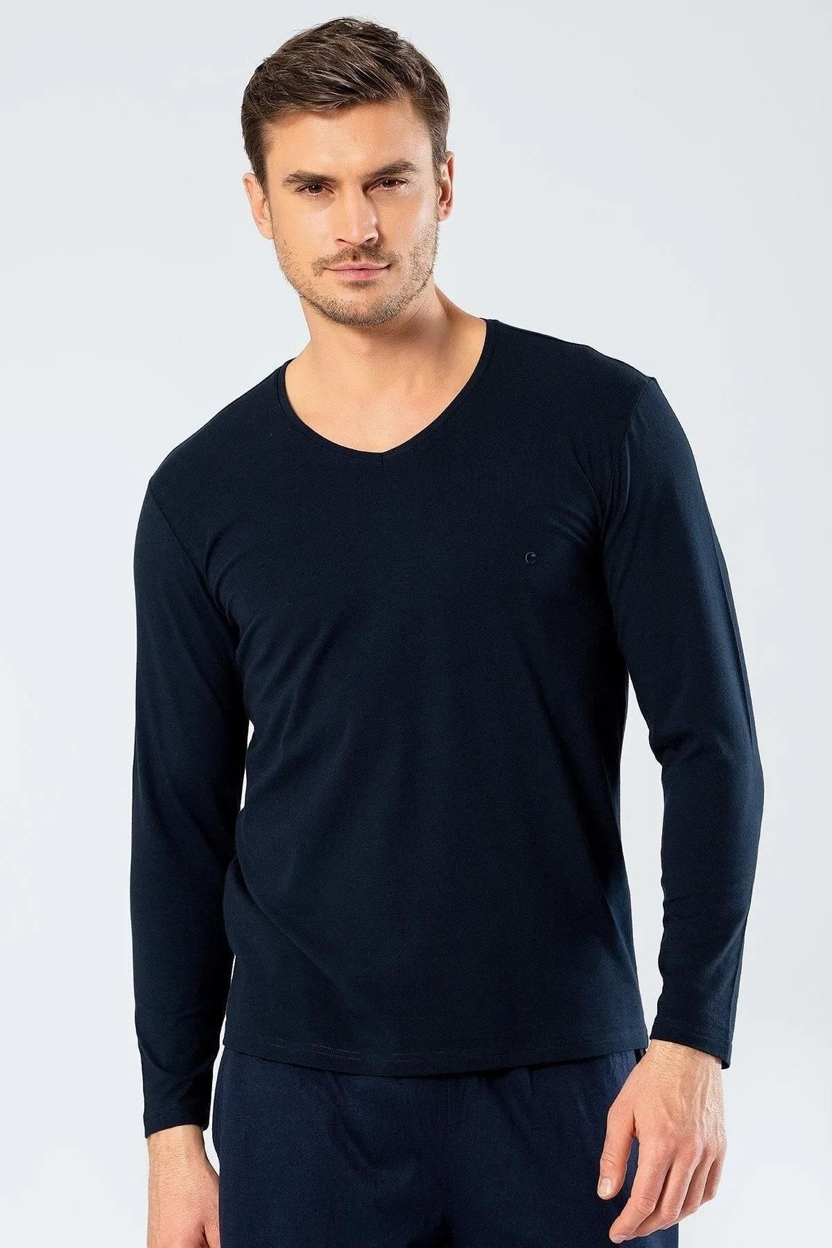 Cacharel Erkek Uzunkol V Yaka T-shirt, %95 Pamuk %5 Elestan