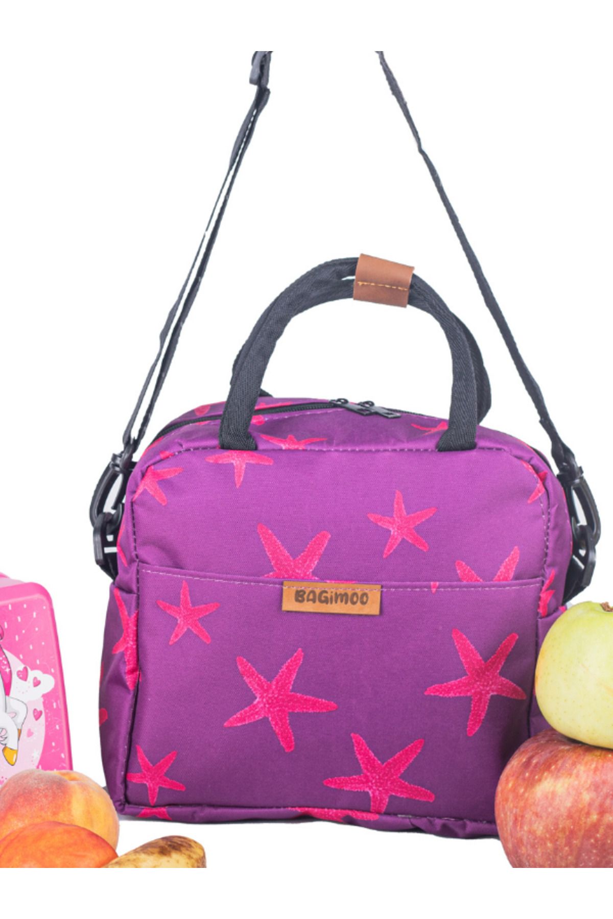 Bagimoo-Purple Star Pattern Thermal Bag with Strap - Thermal Insulation and Waterproof, Meal Carrying and Lunch Box 2