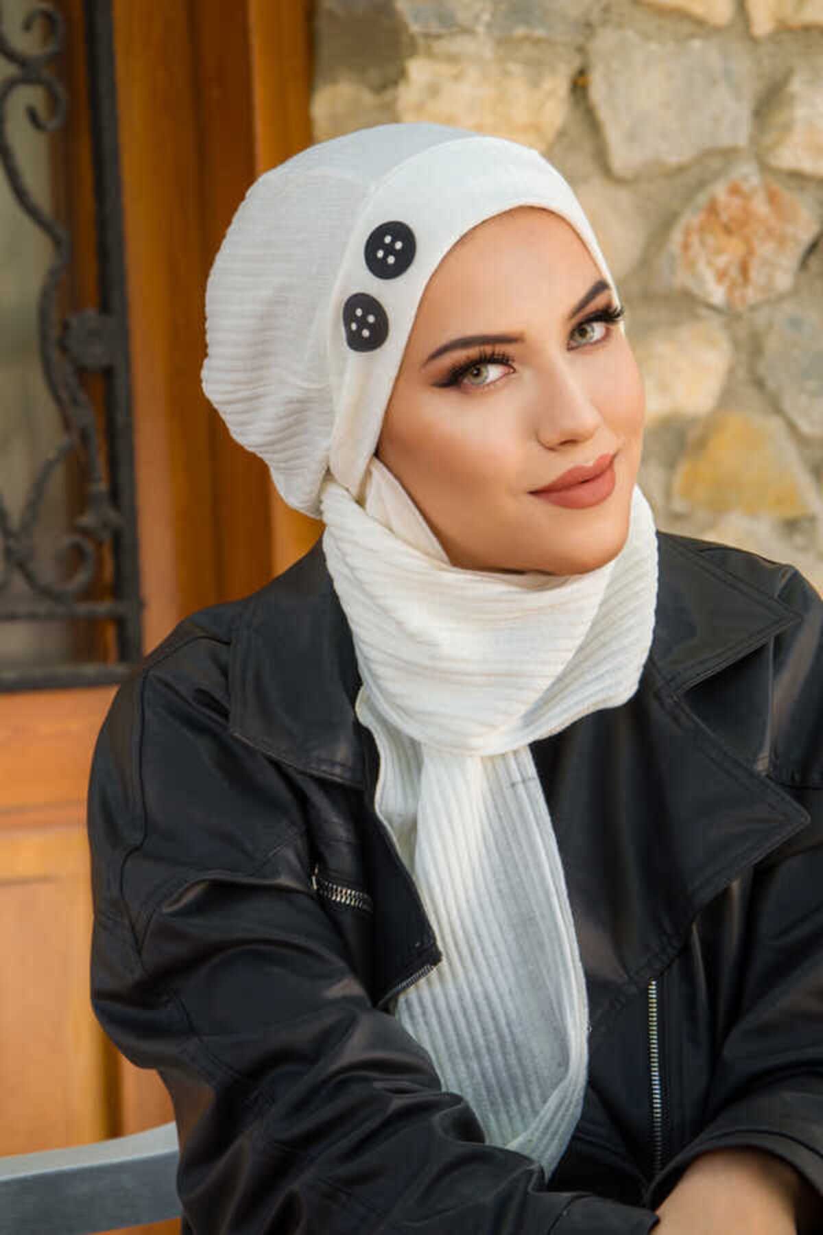 Aişe tesettür-White Black Corded Embroidered Hijab Beanie 2