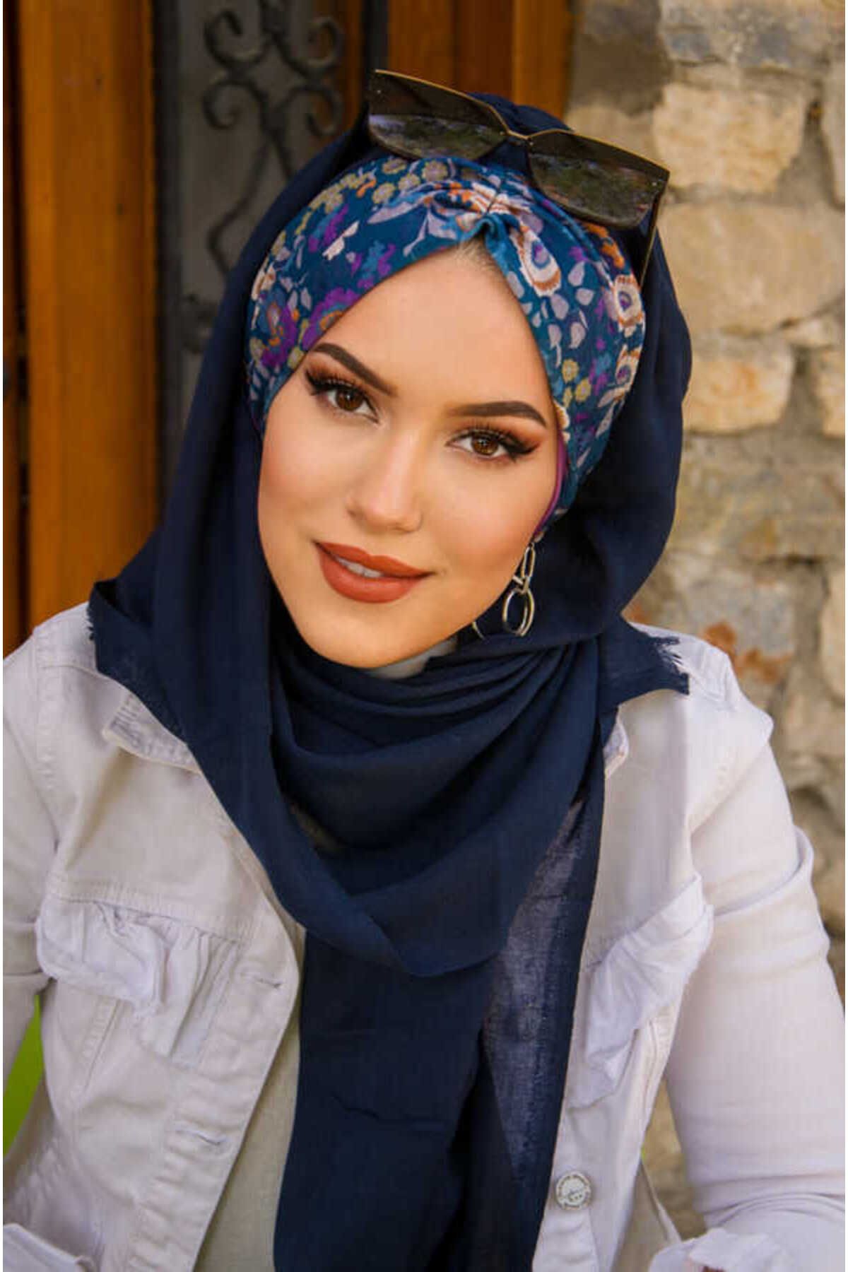 Aişe tesettür-Navy Blue Flower Pattern Ready Shawl 2