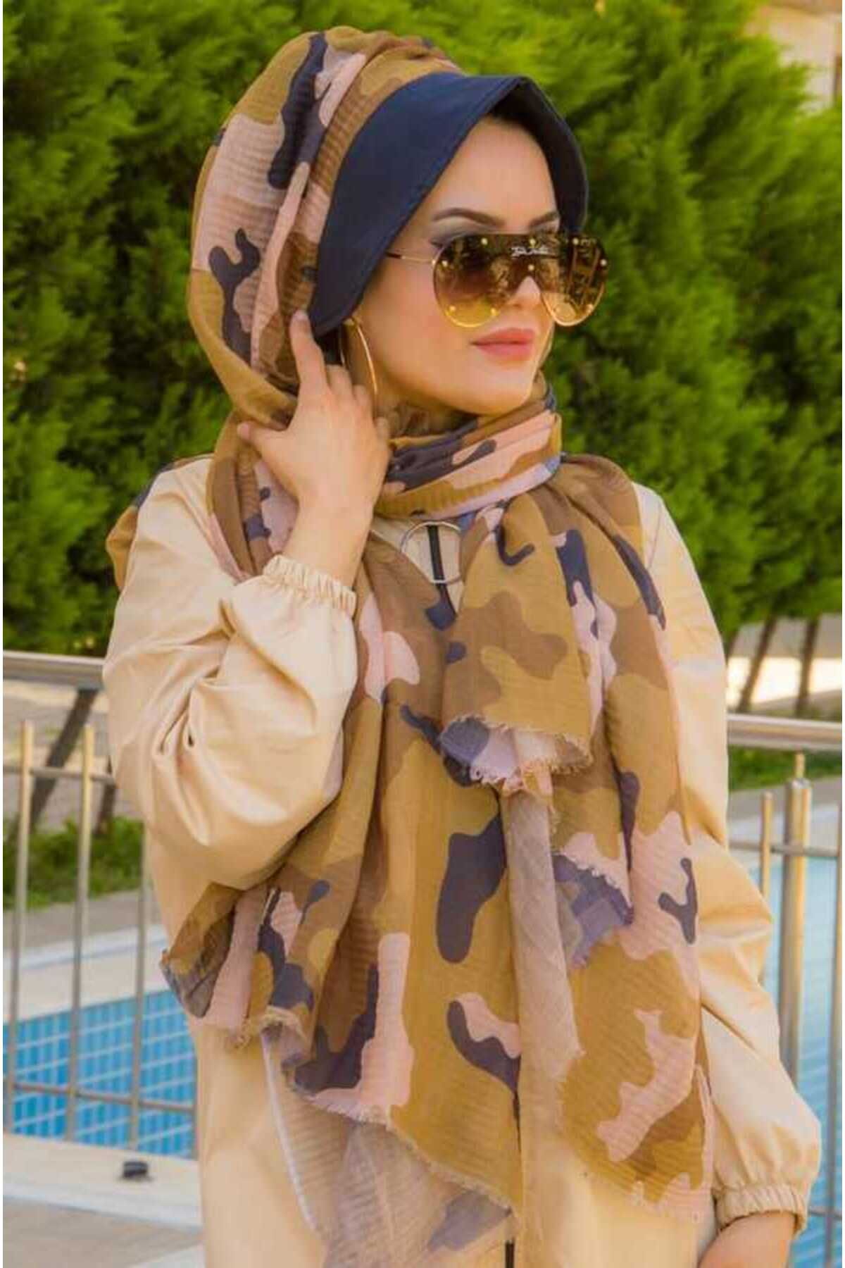 Aişe tesettür-Mustard Navy Blue Camouflage Pleated Shawl with Hat 1