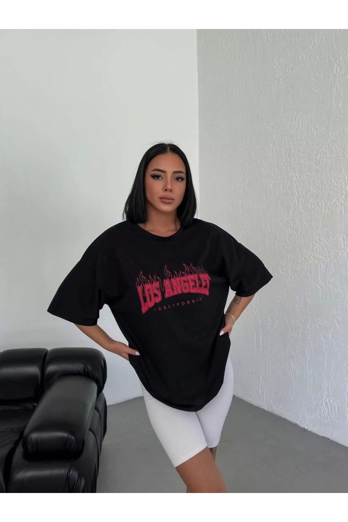 New Shine Unisex Bisiklet Yaka Baskılı Oversize T-Shirt - Siyah