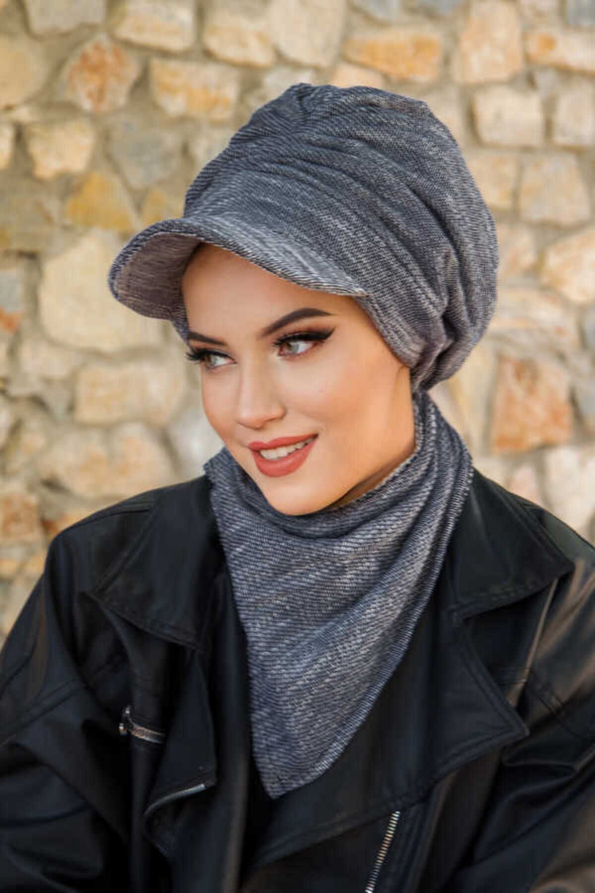 Aişe tesettür-Denim Blue Drawstring Hijab Hat 2