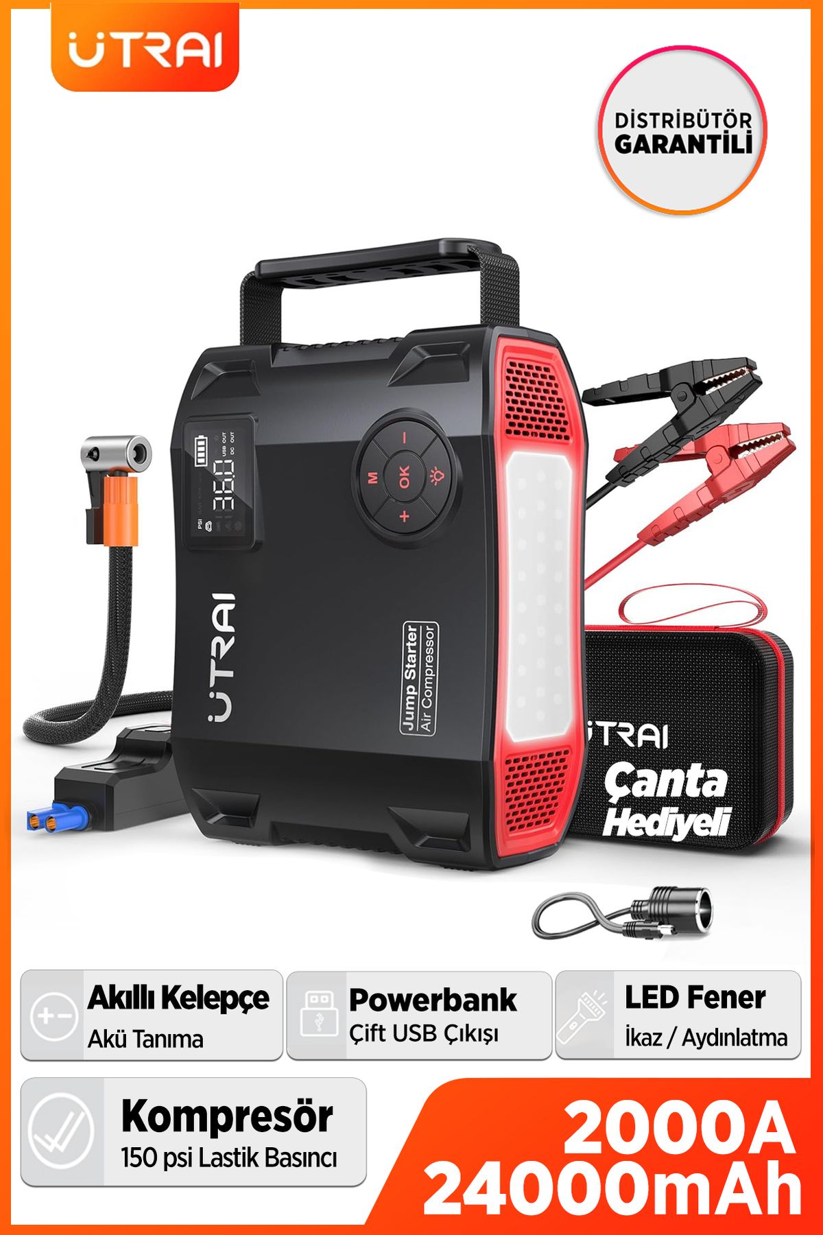 UTRAI Jstar 5 24000mah 2000a Jump Starter Lastik Şişirme Pompası Taşınabilir Akü Takviye Cihazı Çanta Led