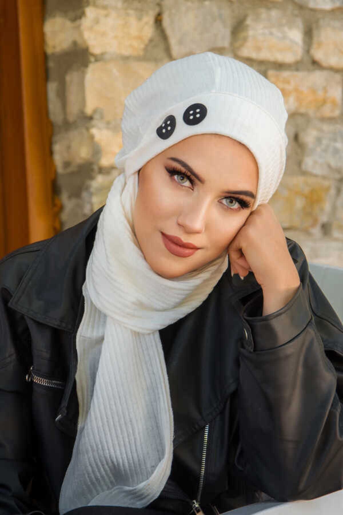 Aişe tesettür-White Black Corded Embroidered Hijab Beanie 1