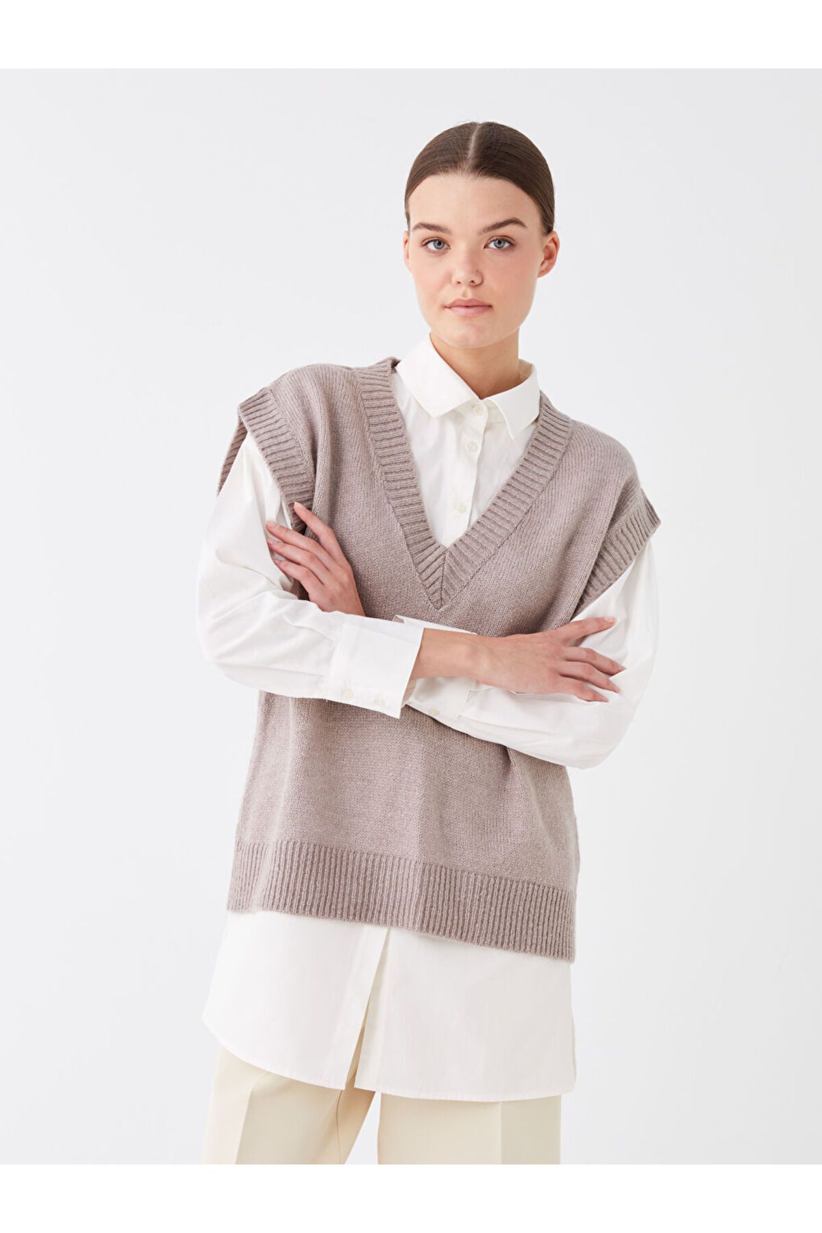 LC Waikiki-LCW Modest Damen-Strickpullover in Übergröße mit V-Ausschnitt 2
