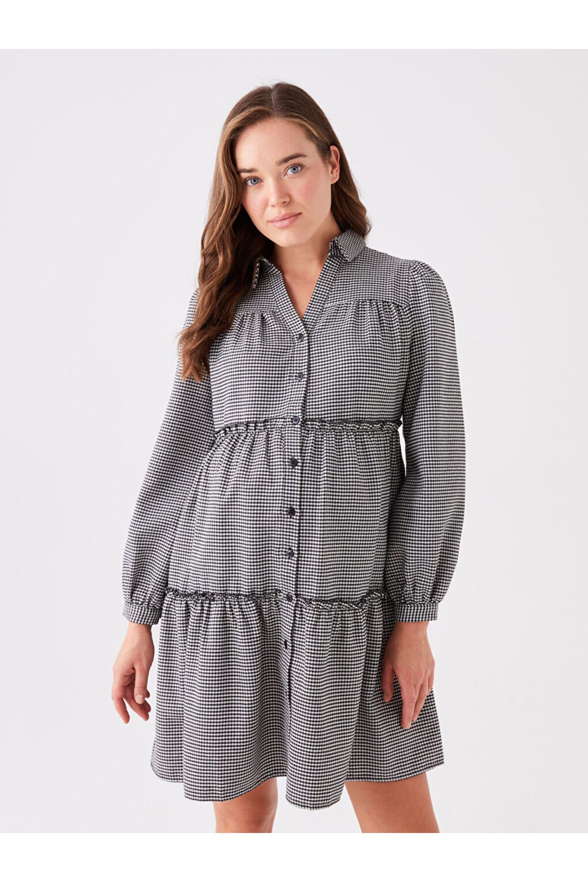LC Waikiki-Long Sleeve Patterned Maternity Shirt Dress 3