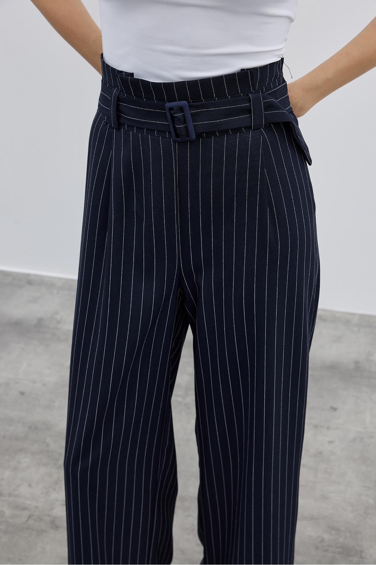 Fahhar-Navy Blue Striped Women's Trousers with Belt Detail 5
