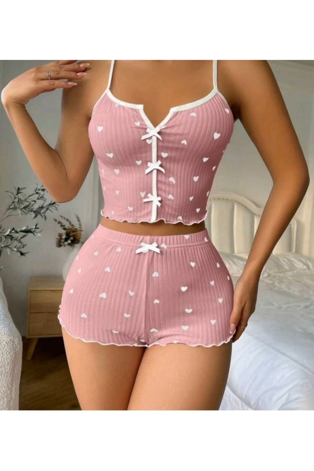 VNK COLLECTİON-Pink and White Heart Bow Lycra Shorts Set Homewear 3