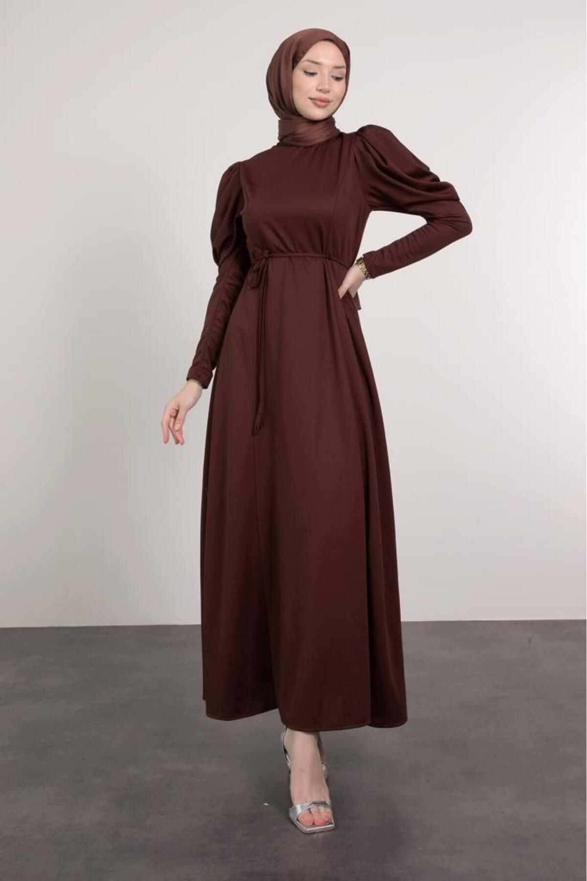 Lamia Giyim-Brown Hijab Dress - Shoulder Balloon Detail and Sashes 3