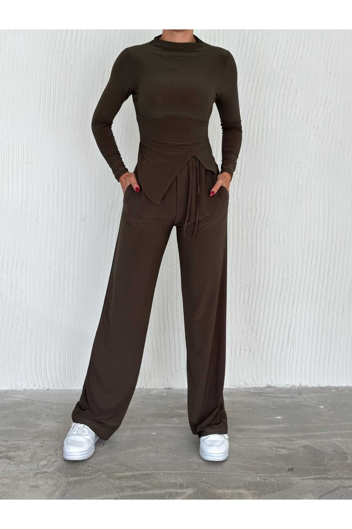 aytenli-Palazzo Pants with Stand Collar and Triangle Cut - Long Sleeve Sandy Set with Pockets and Elastic Waist 2