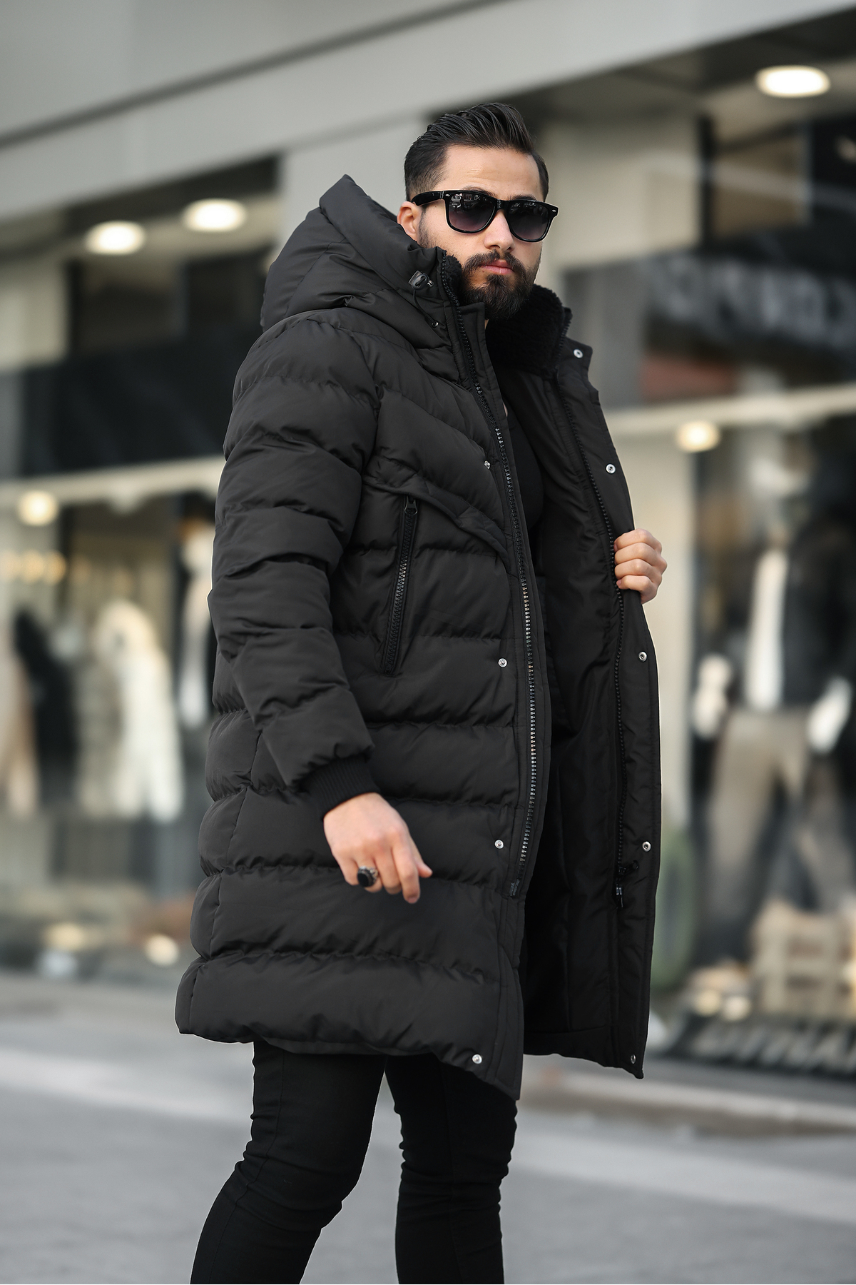 Kapüşonlu Uzun Erkek Şişme Mont 1150 — مشکی — تصویر 2 از 4