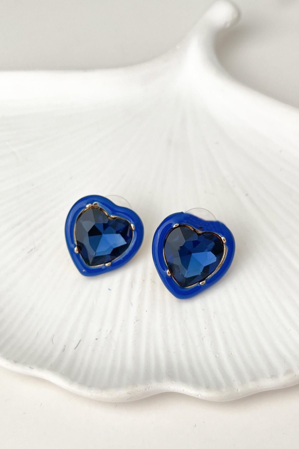 Modex-Dark Blue Jewelled Enamel Heart Earrings (2cm) 3