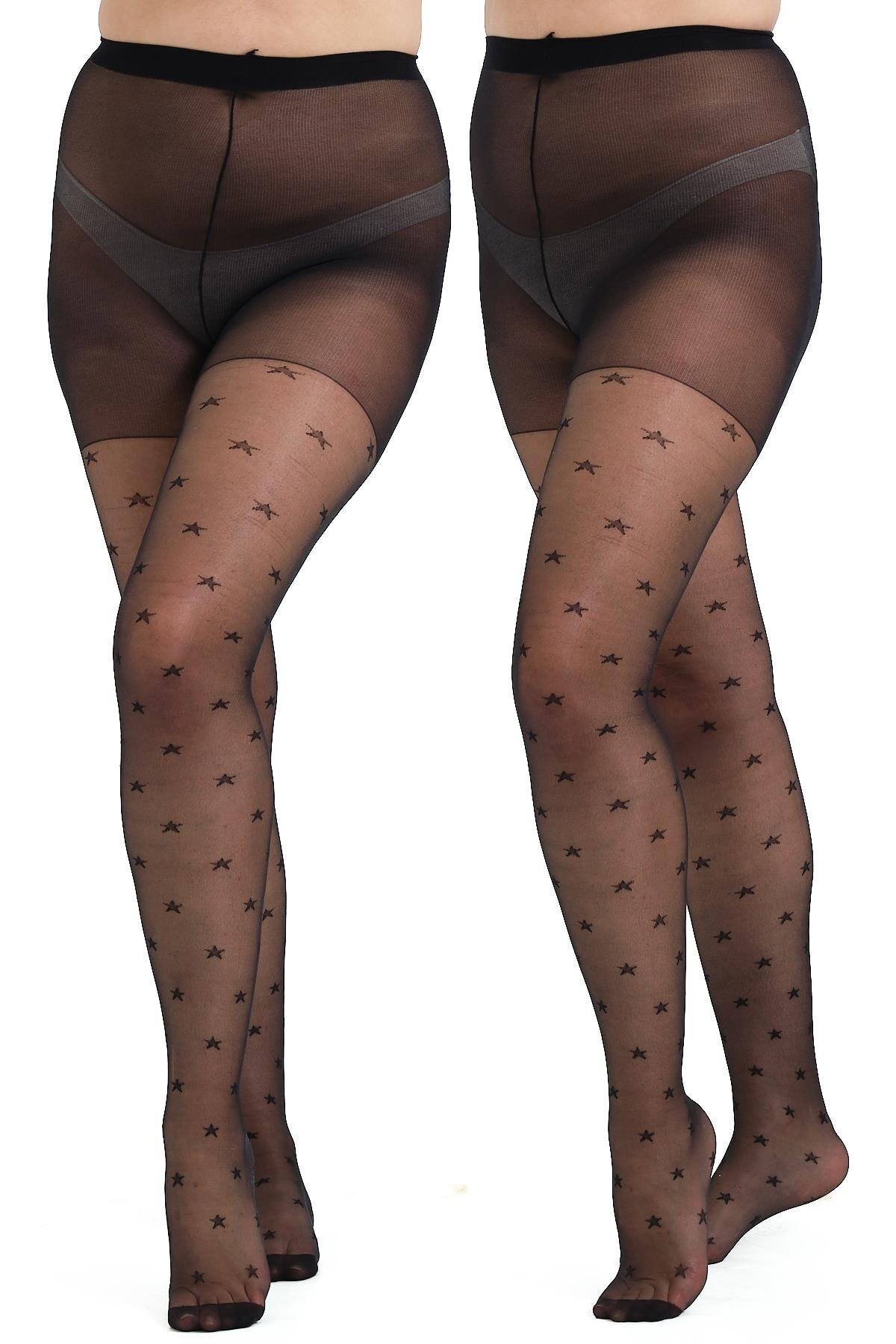 C&City 2'li Paket Yıldız Desenli Büyük Beden Külotlu Çorap Siyah