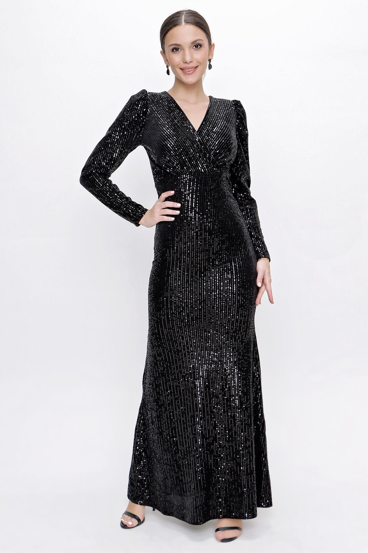 By Saygı-Langes Kleid aus Samt mit Pailletten und gerafften Schultern 3
