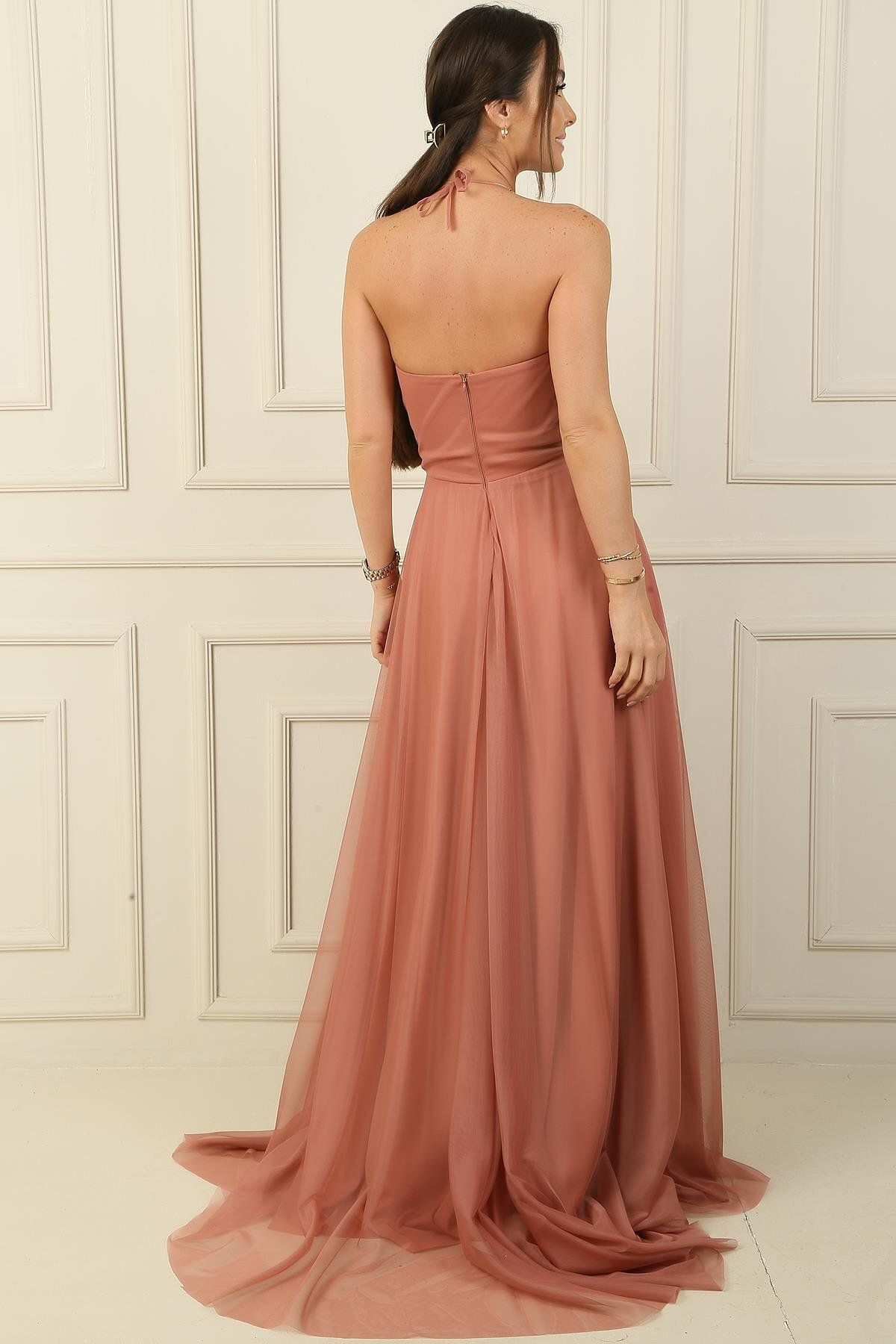 By Saygı-Long Draped and Stone Detailed Lined Tulle Evening Dress 4