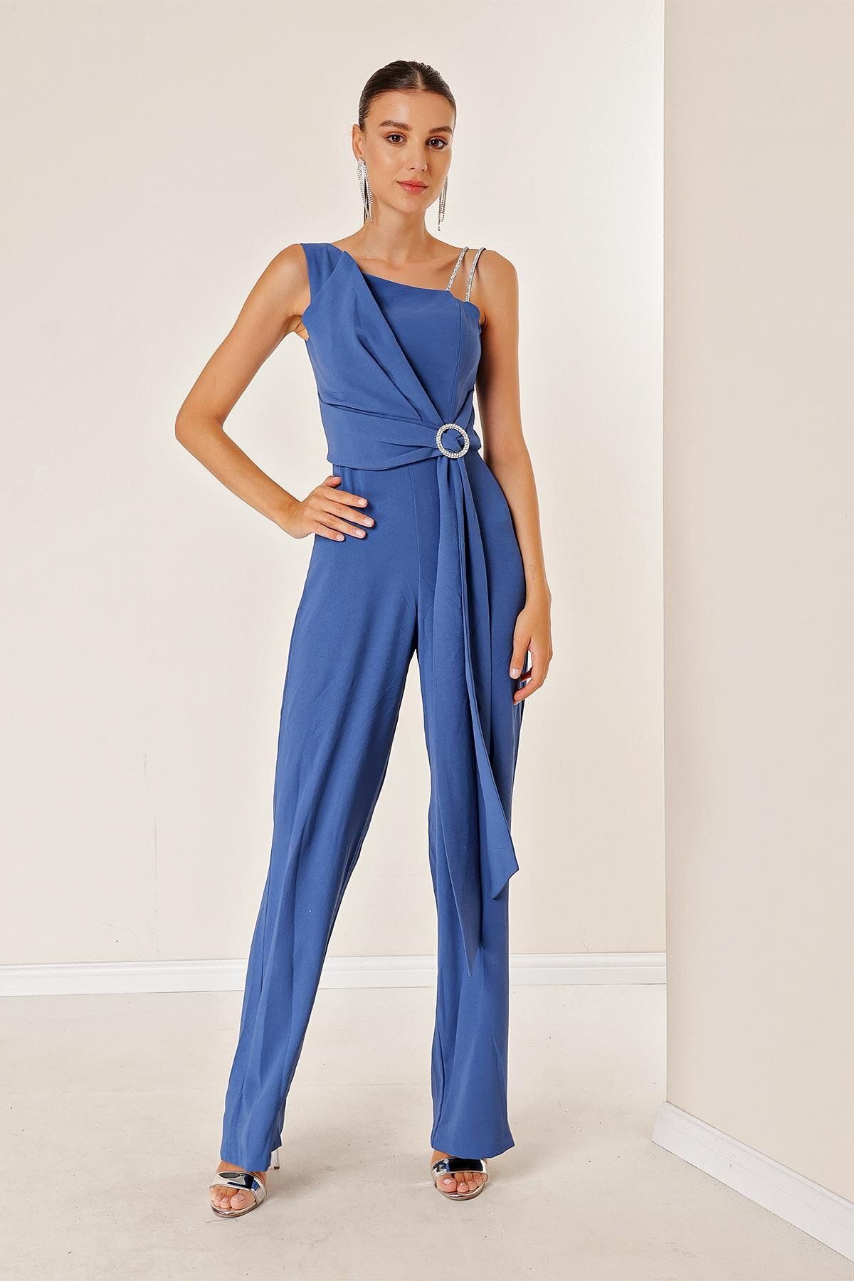 By Saygı-Crepe Palazzo Jumpsuit with One Side Buckle and Drap - Double String Straps 2