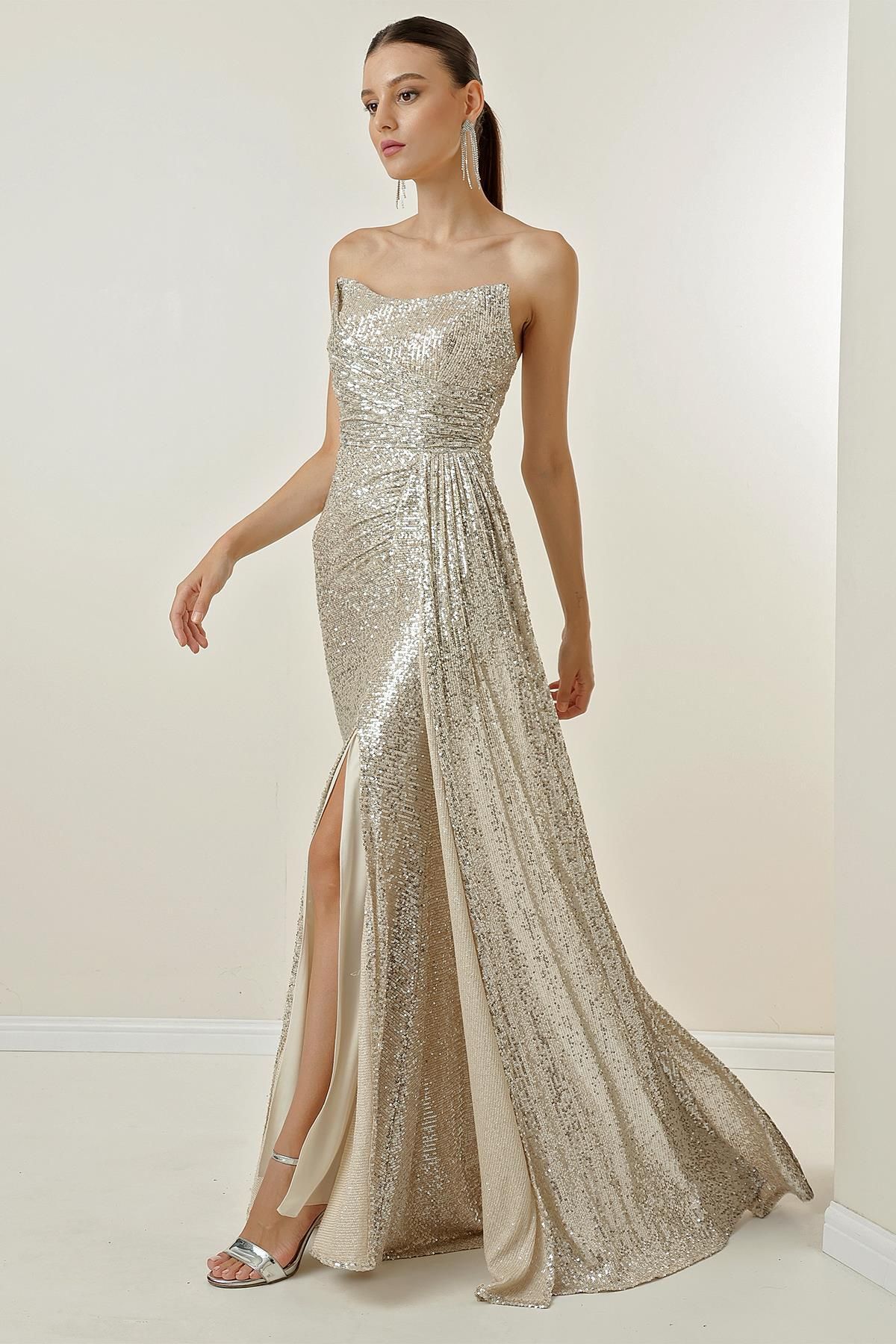 By Saygı-Front Draped Lined Strapless Sequined Long Dress 2