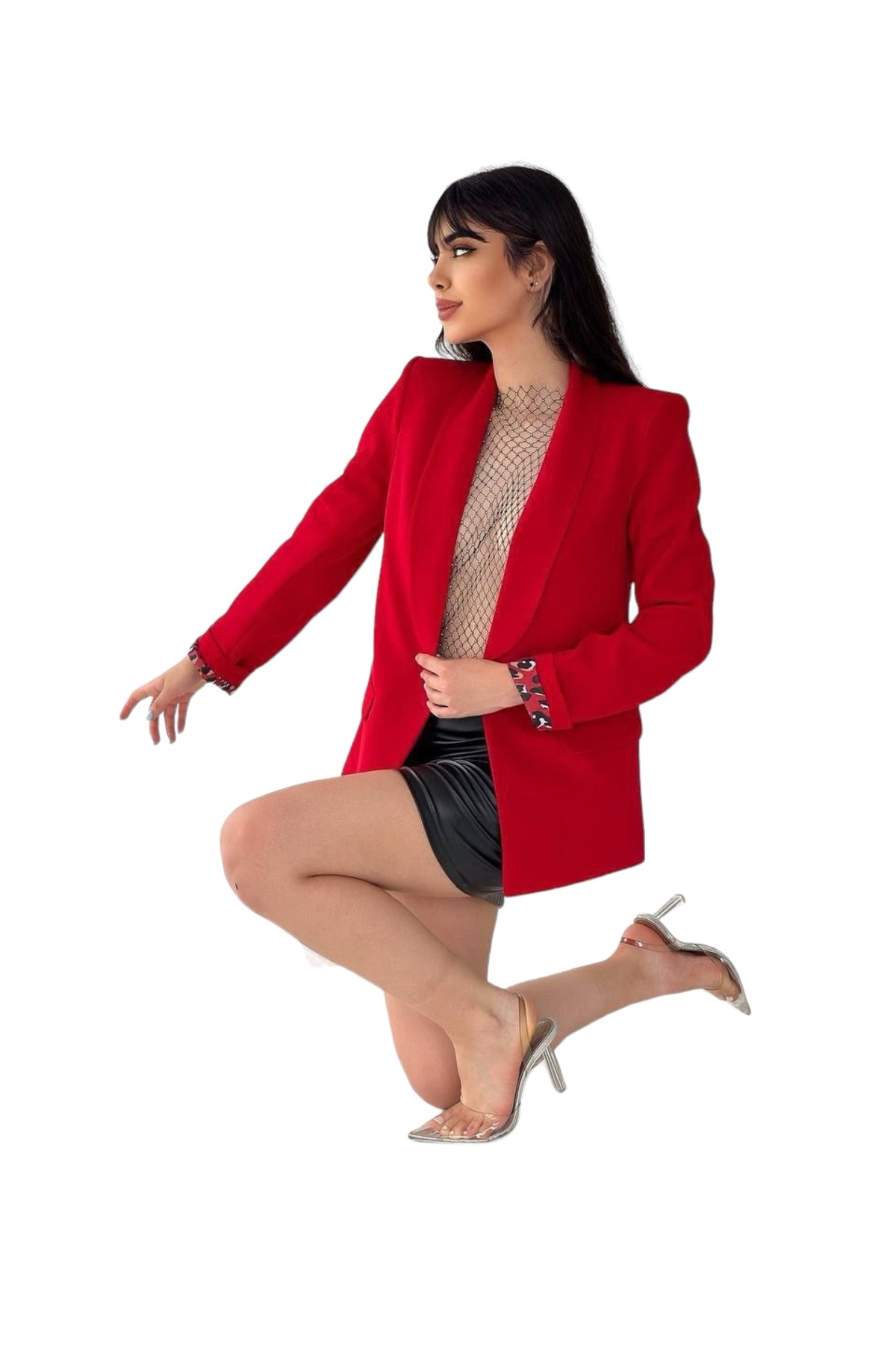 Kadın Kırmızı Düğmesiz Cepli Astarlı Katlanabilir Kol Blazer Ceket