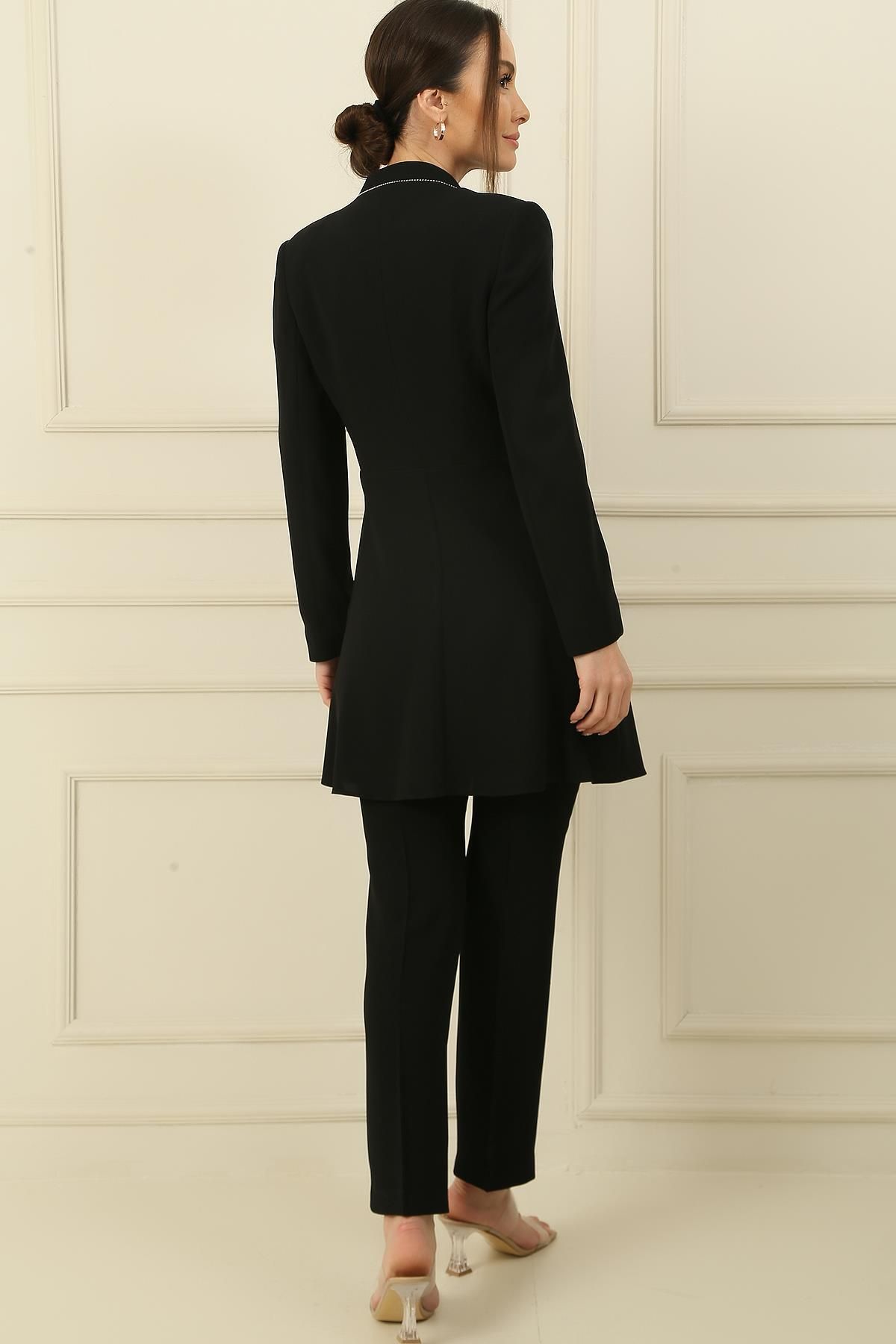 By Saygı-3 Piece Set with Collar and Stone Detail on the Front, Flounced Trousers, Large Size Spacing 4