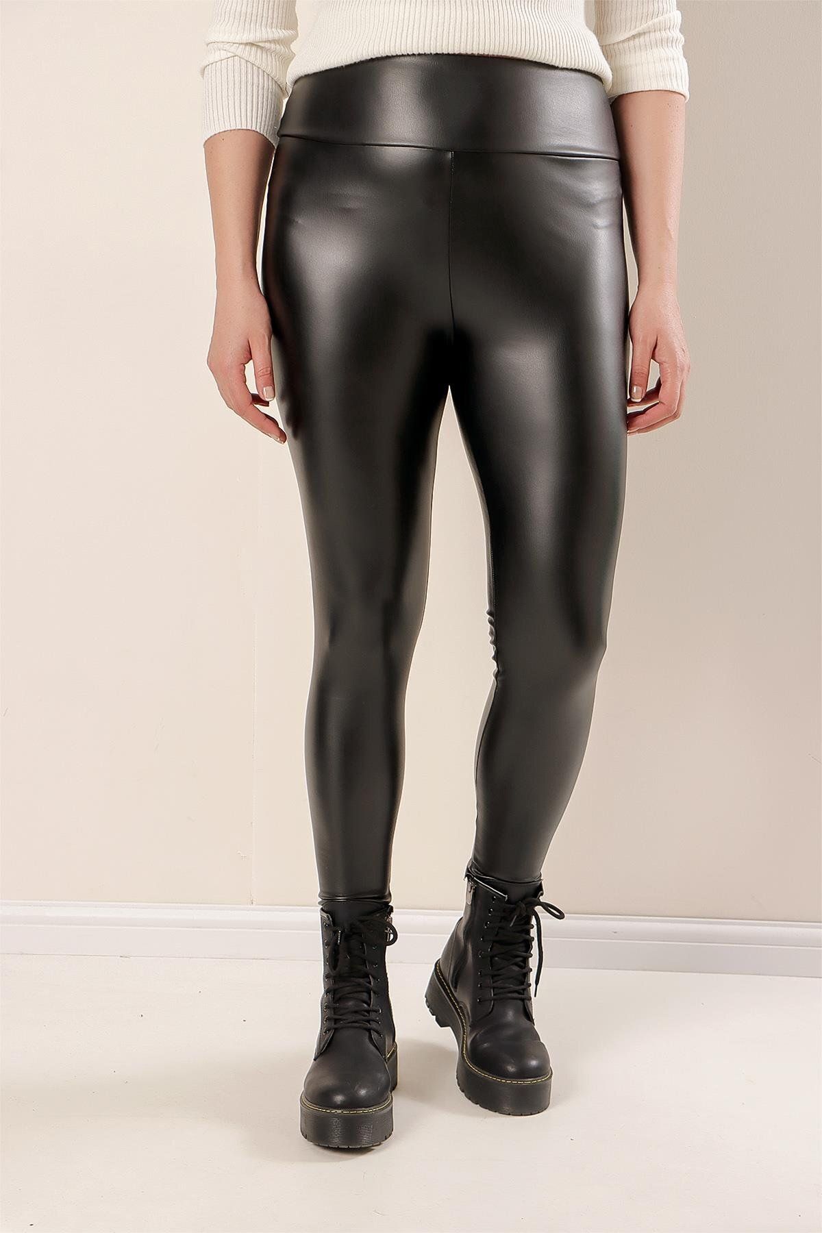 By Saygı-High Waist Raster Plus Size Lycra Leather Leggings 3