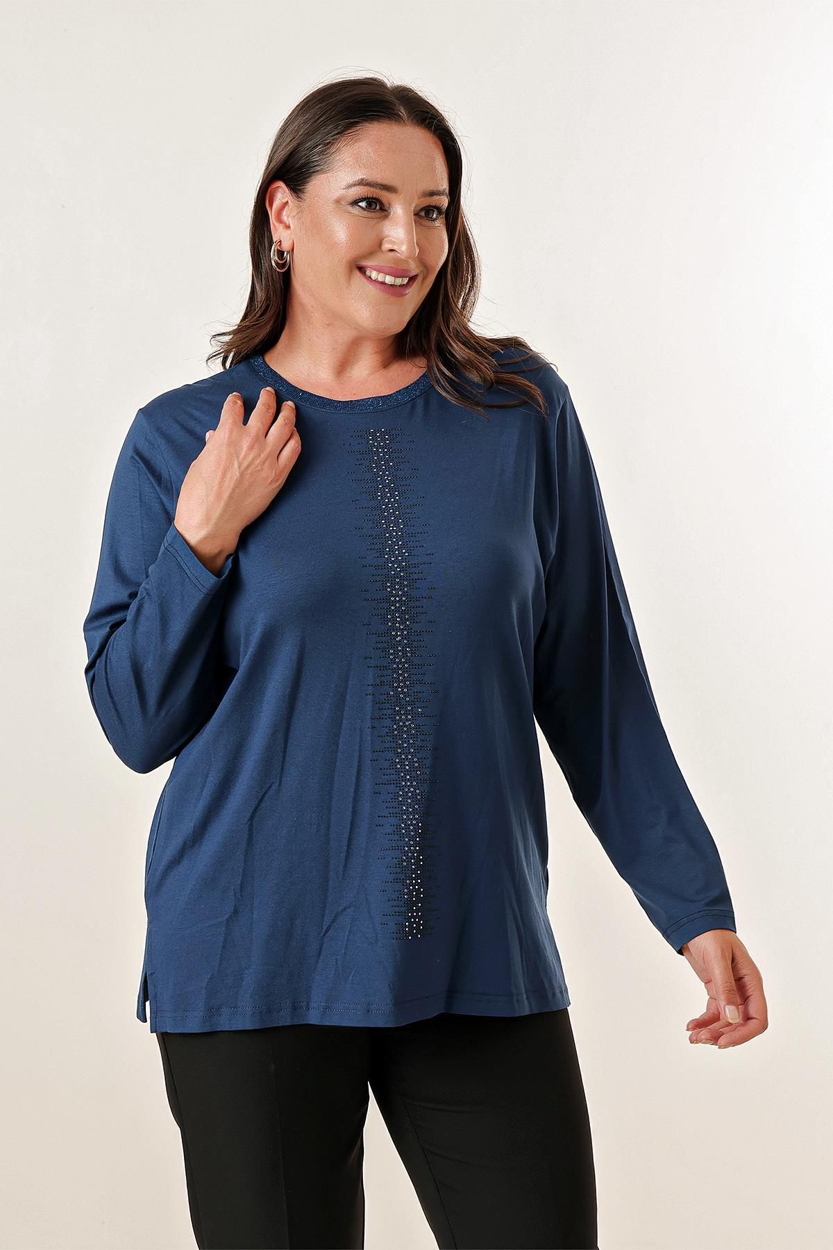 By Saygı-Long Sleeve Plus Size Blouse with Vertical Stone Print on the Front 3