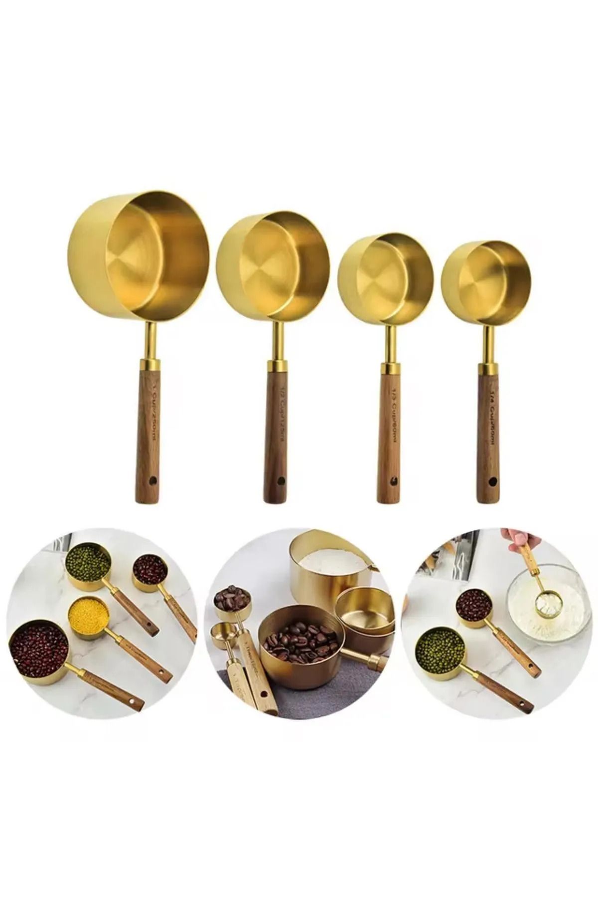 btmhome-Gold Measuring Spoon Set Set of 4 Measuring Cups with Wooden Handle 5
