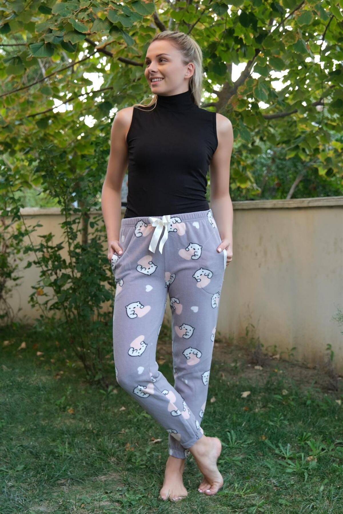COXO Fashion`S Moda Çizgi Kadın Welsoft Polar Tek Alt Pijama 210053
