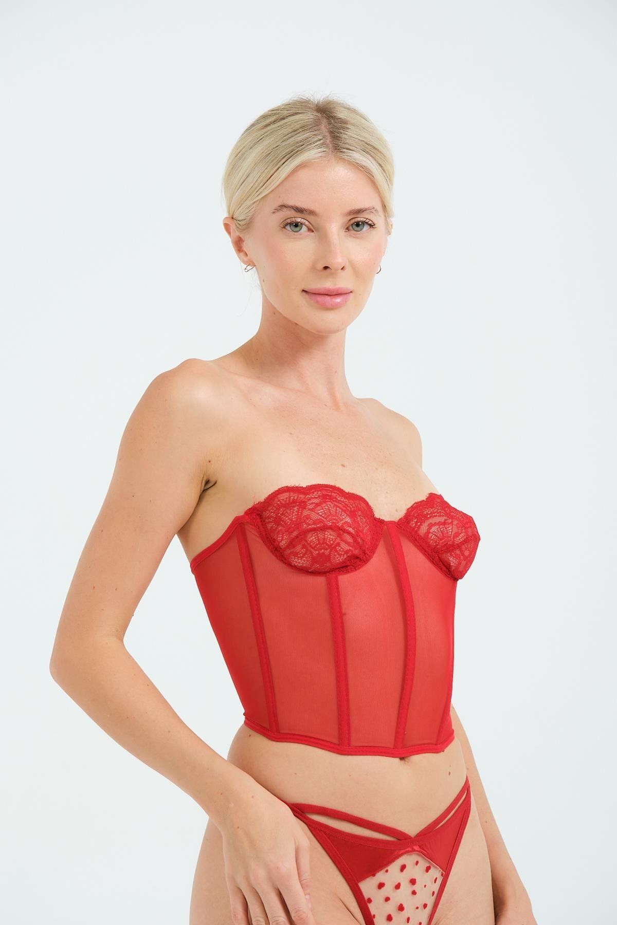 C&City-6003 Modell Rotes, durchsichtiges, ausgefallenes, trägerloses Spitzen-Bustier 2