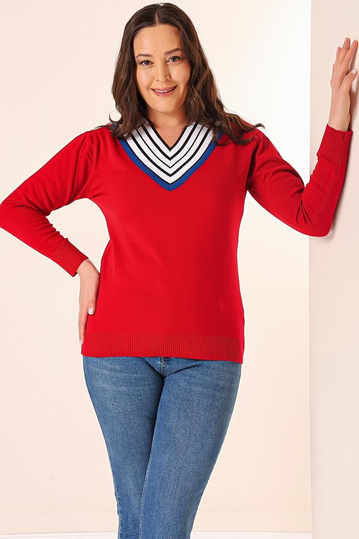 By Saygı-Striped V-neck Large Size Knitwear Sweater 1