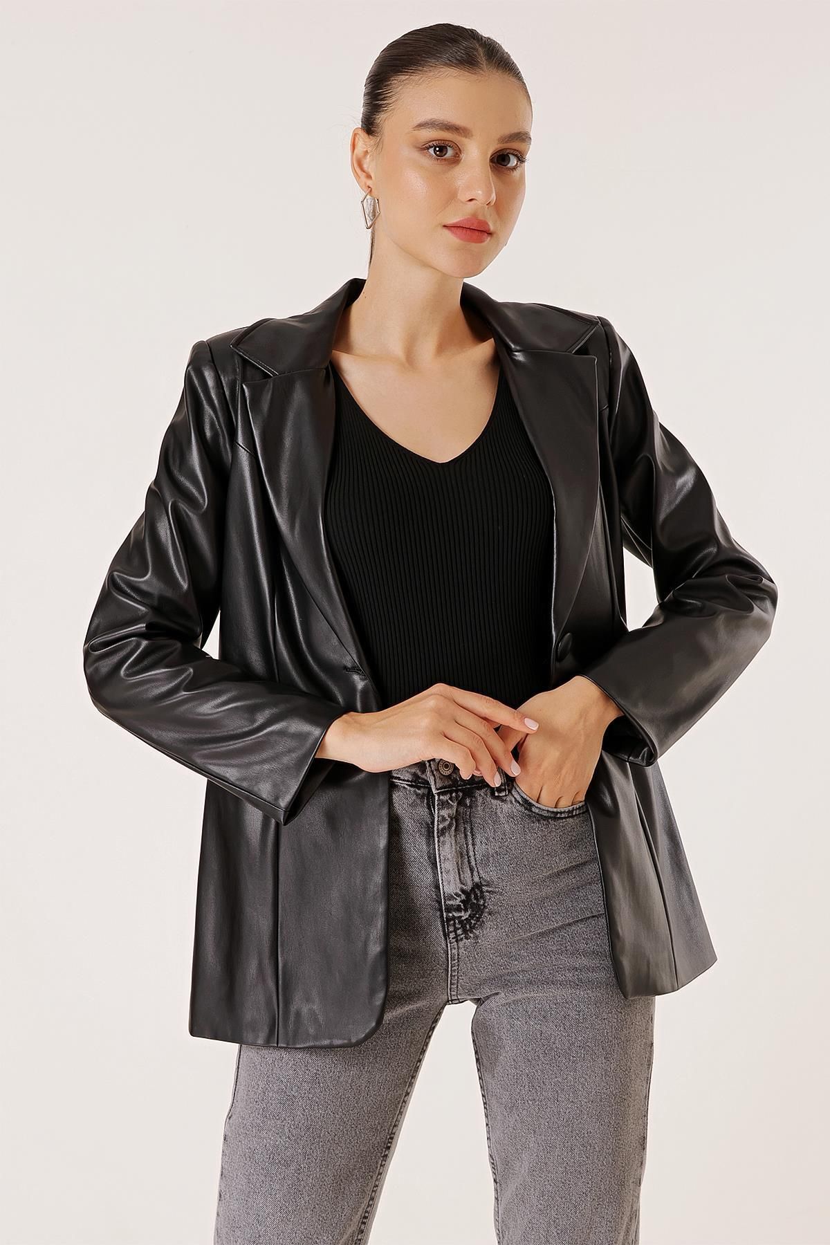 By Saygı-Einknopf-Lederjacke mit Fake-Taschenfutter 2
