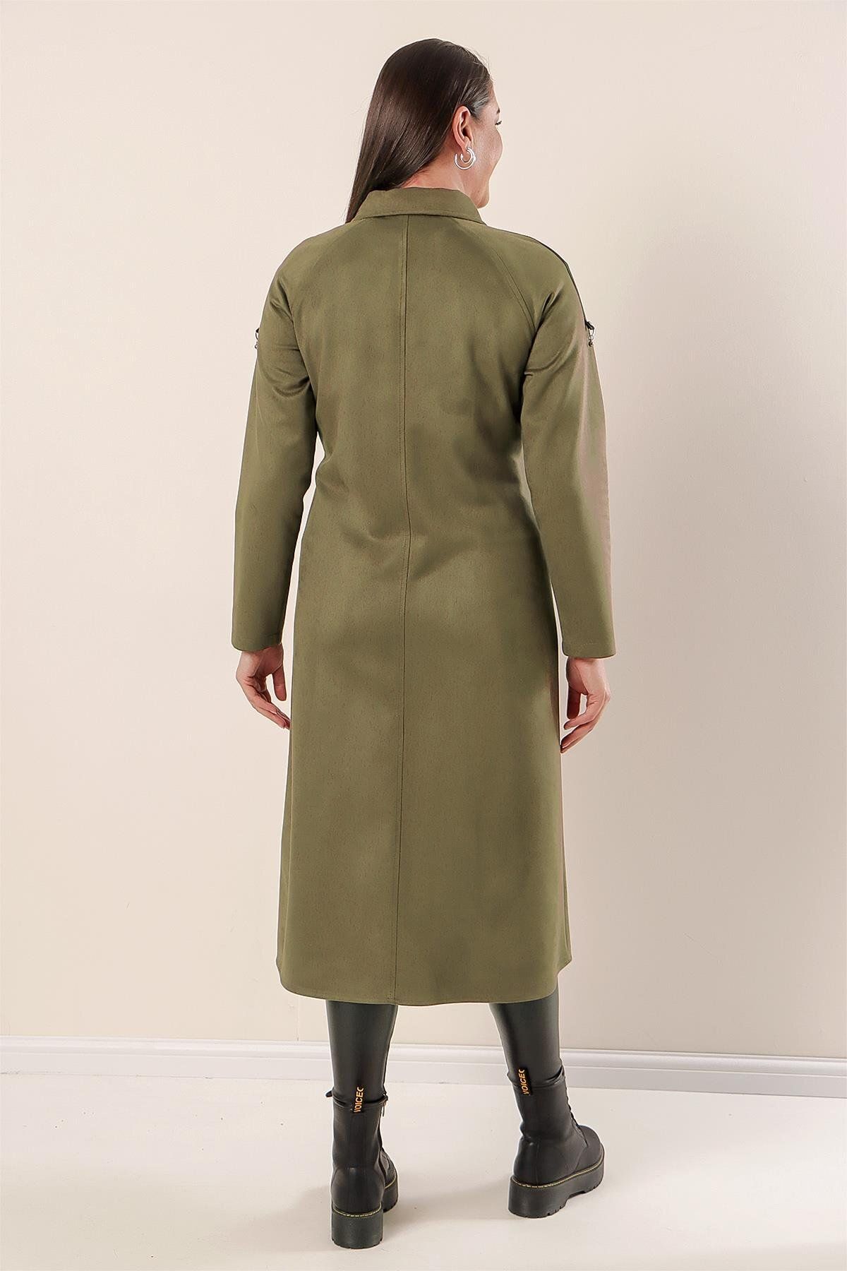 By Saygı-Large Size Suede Coat with Stripe Shoulders and Zippered Front Pockets 4