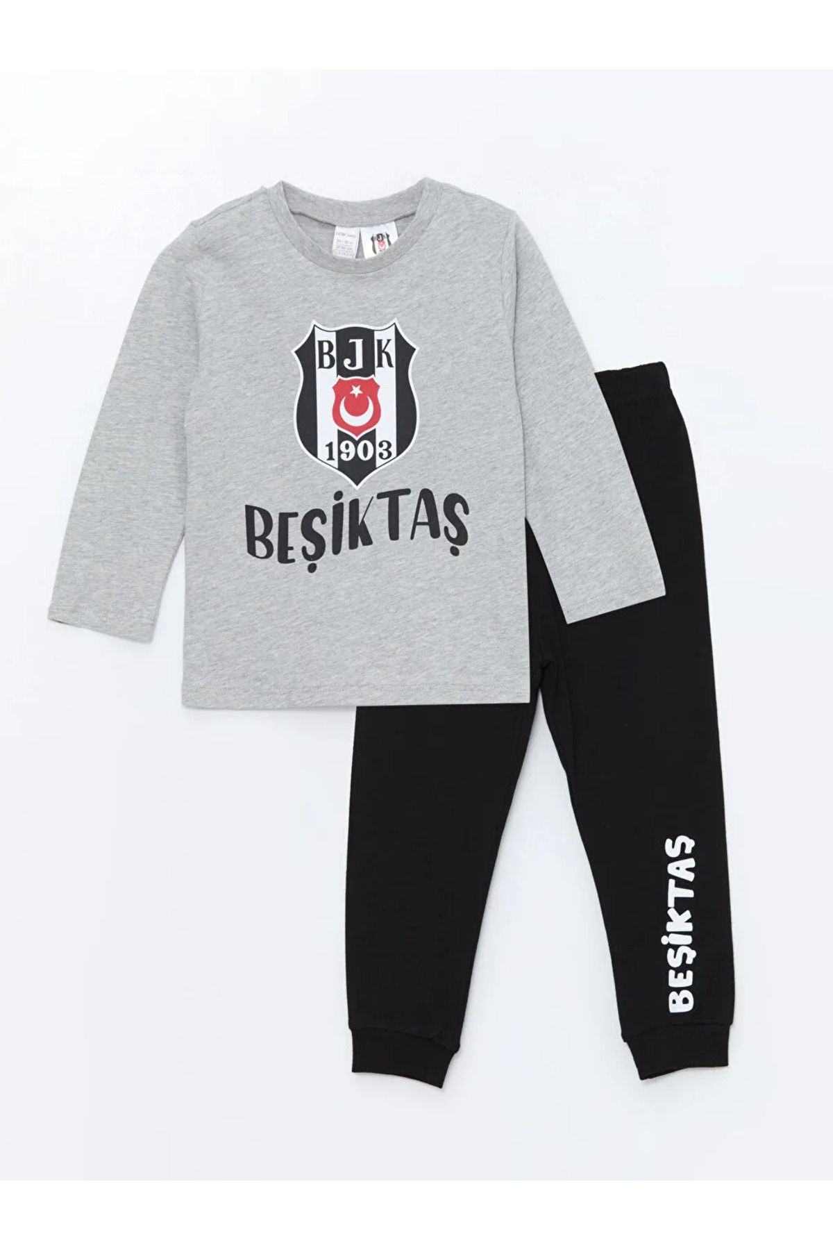 LC Waikiki-Lcw Baby Gray Melange Crew Neck Crib Stone Printed Long Sleeve Baby Boy Pajamas Set 1