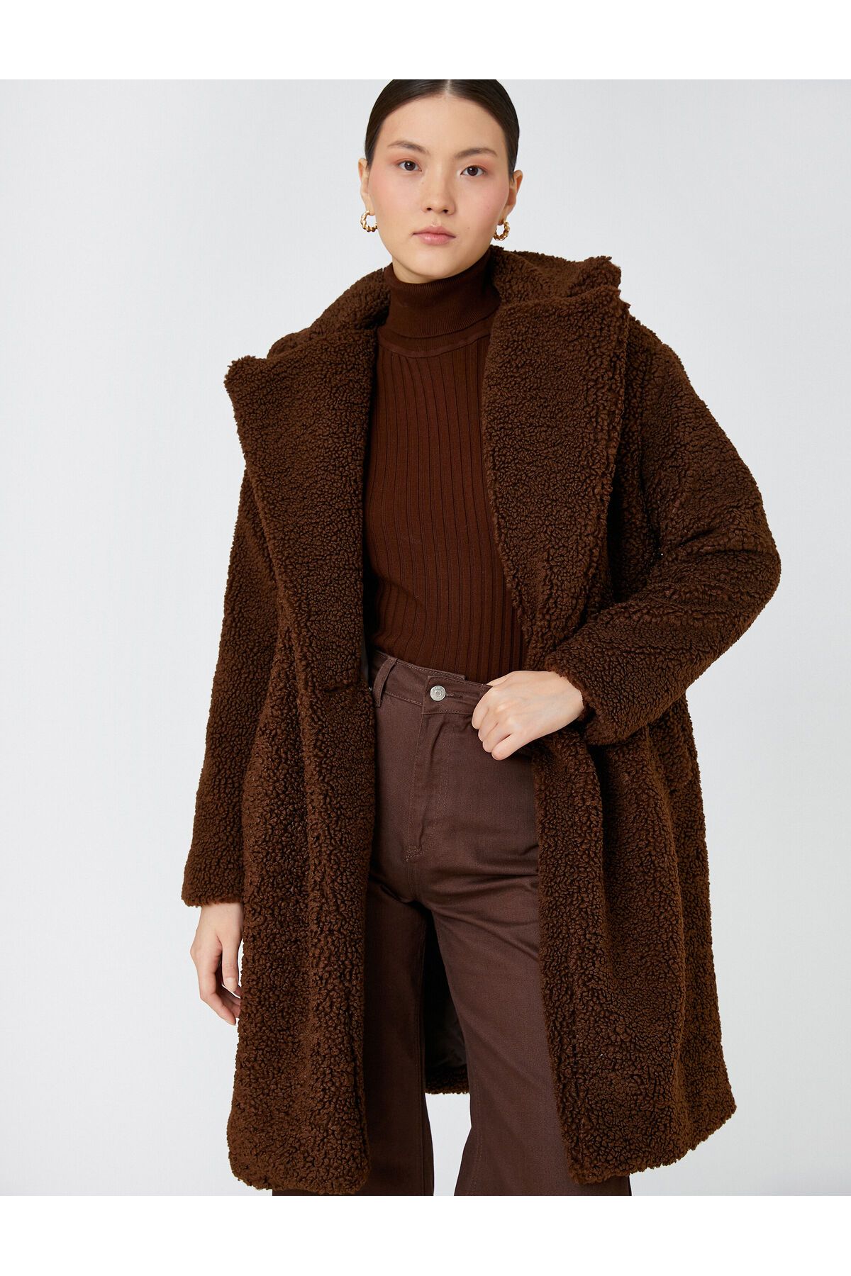 Koton-Long Plush Oversize Coat with Single Button Pocket 2