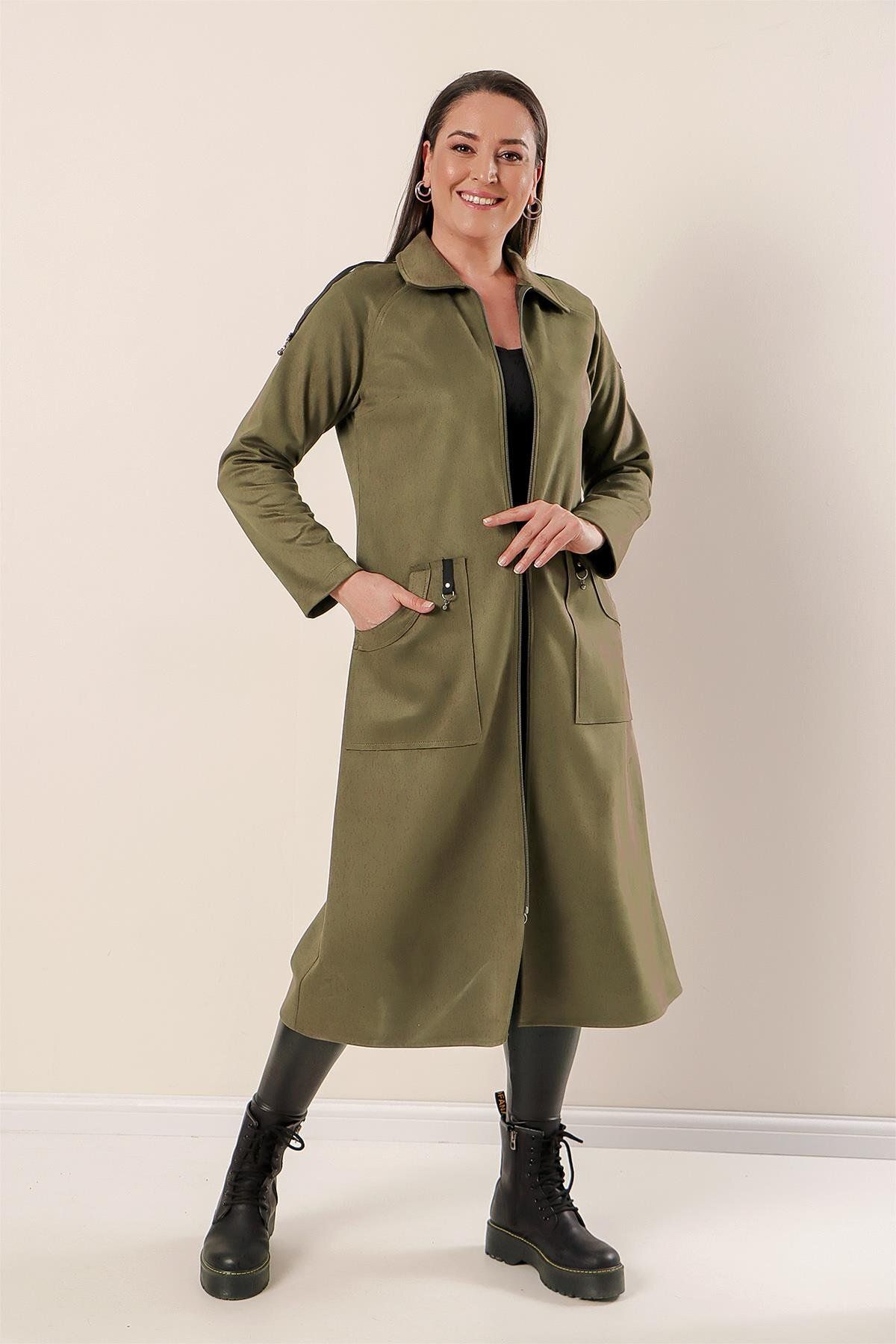 By Saygı-Large Size Suede Coat with Stripe Shoulders and Zippered Front Pockets 2