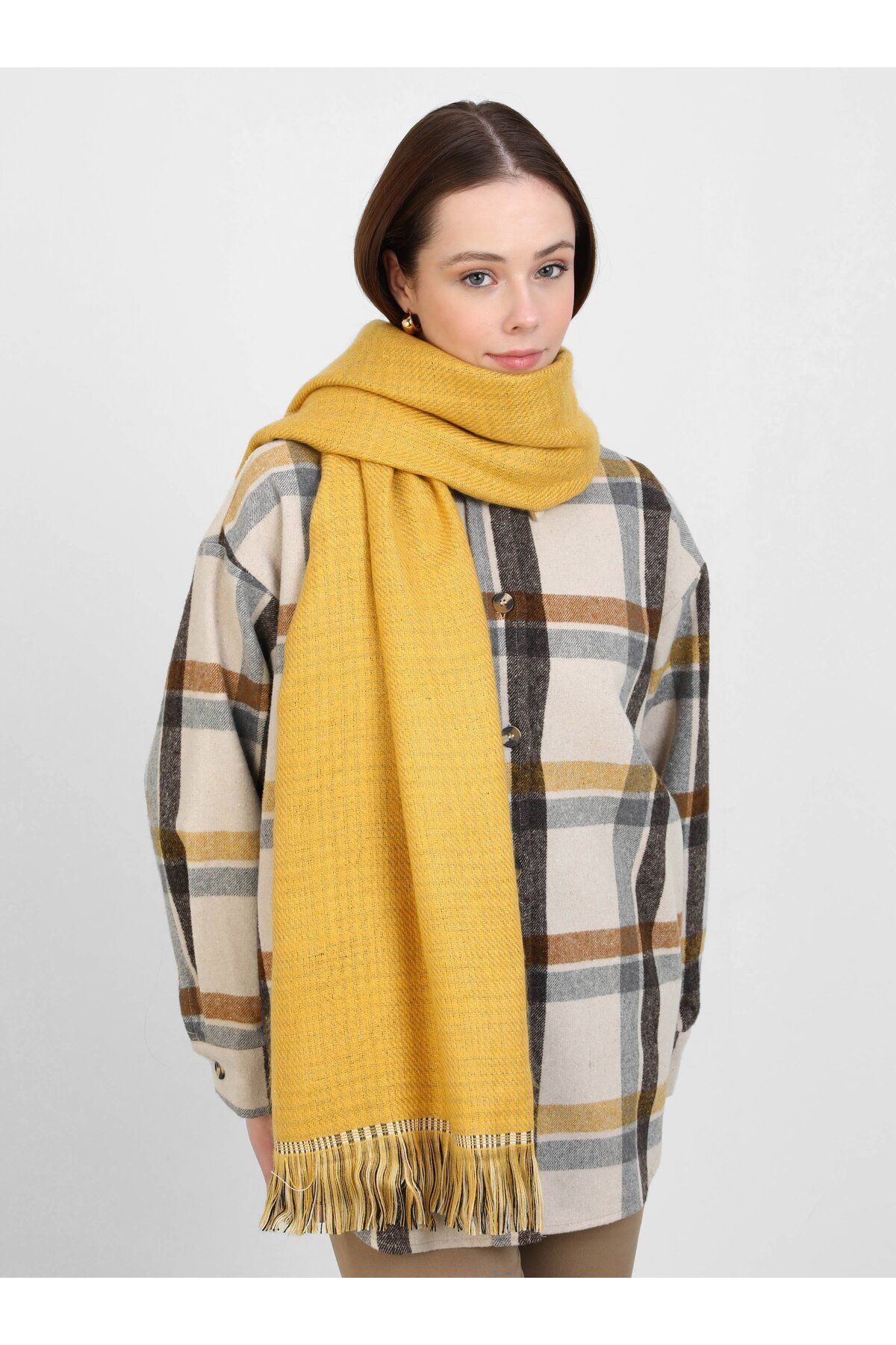 Tuva-Lemon Yellow Patterned Shoulder Shawl - Canvas 2