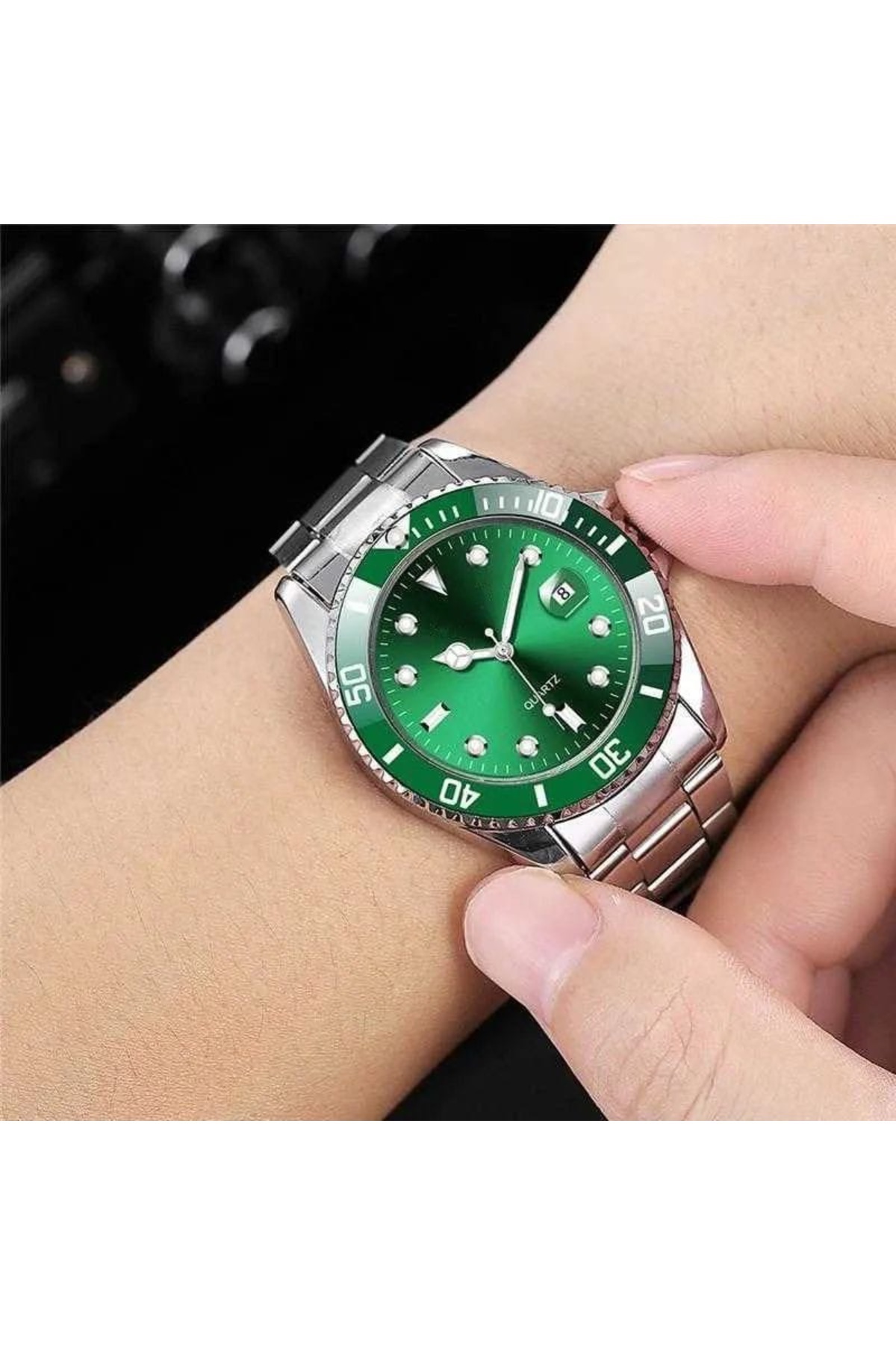 İSTLİV  Erkek Rolex Modeli Gümüş- Yeşil Rengi Kol Saati - Görsel 3