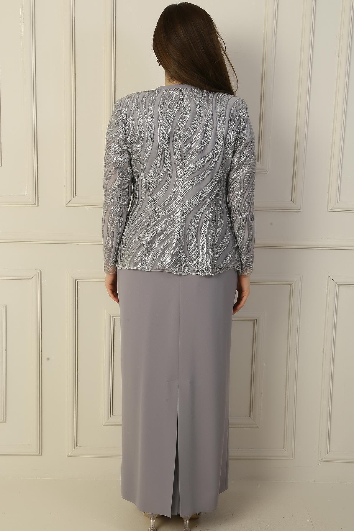 By Saygı-Half Moon Sleeve Long Dress Bead Sequin Embroidered Tulle Jacket Lined Plus Size 2 Piece Set 4