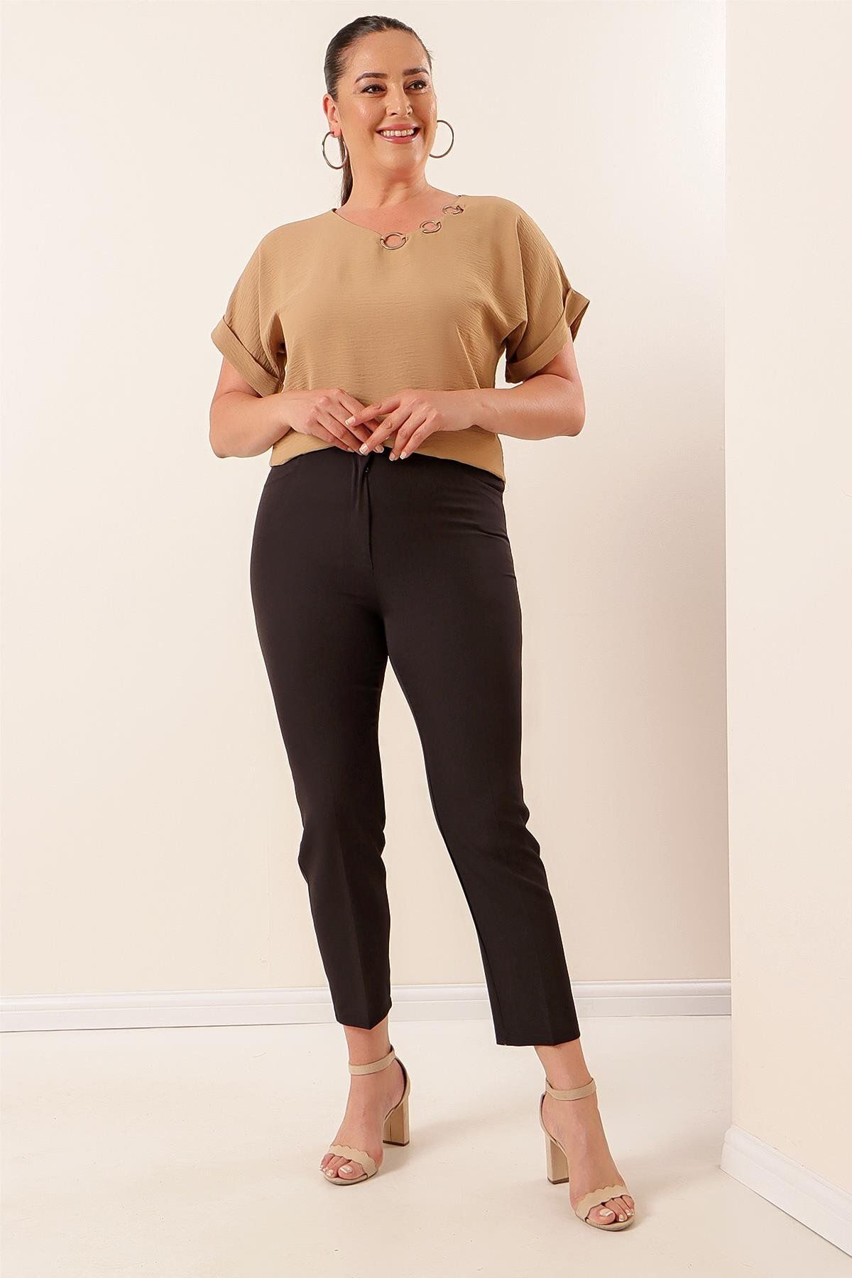 By Saygı-Plus Size Lycra Trousers - Elastic Waist and Pockets 2