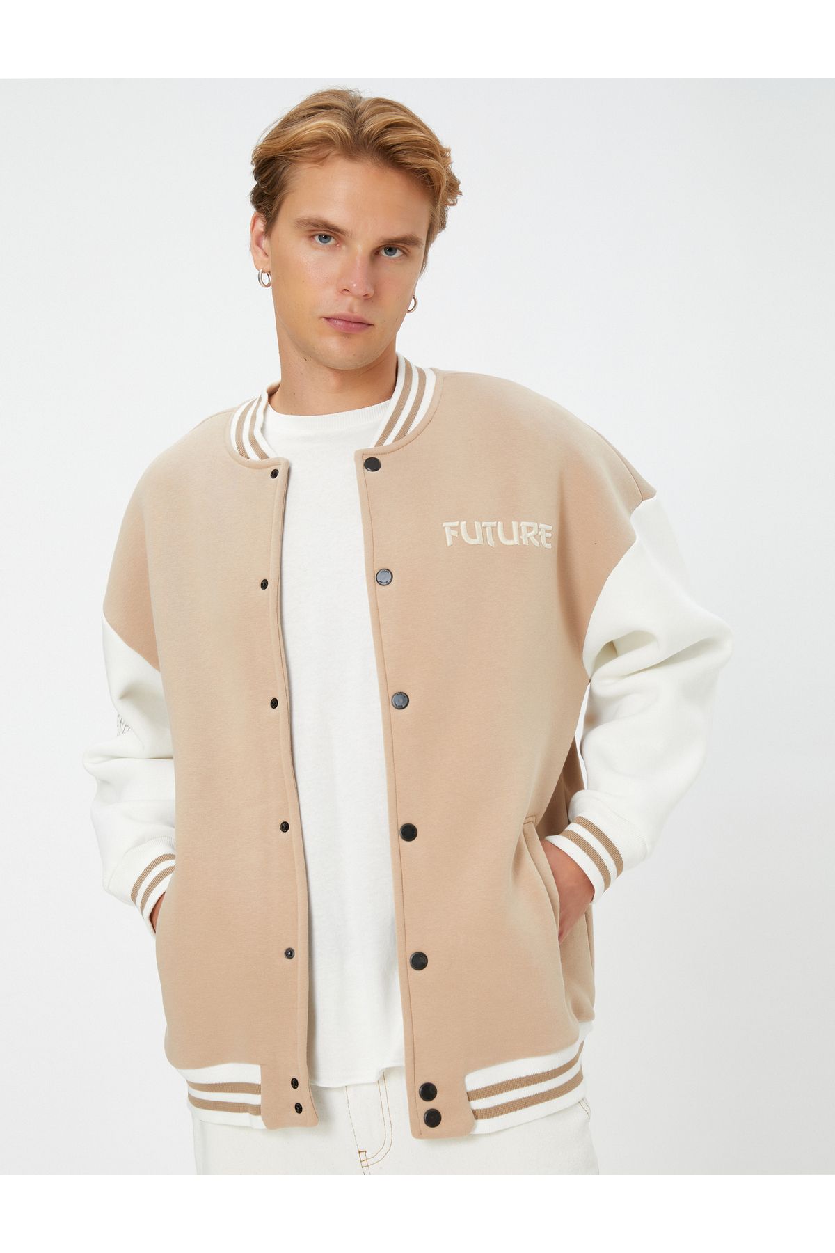 Koton-Embroidered Ribbed College Jacket with Bomber Collar and Snap Buttons 1