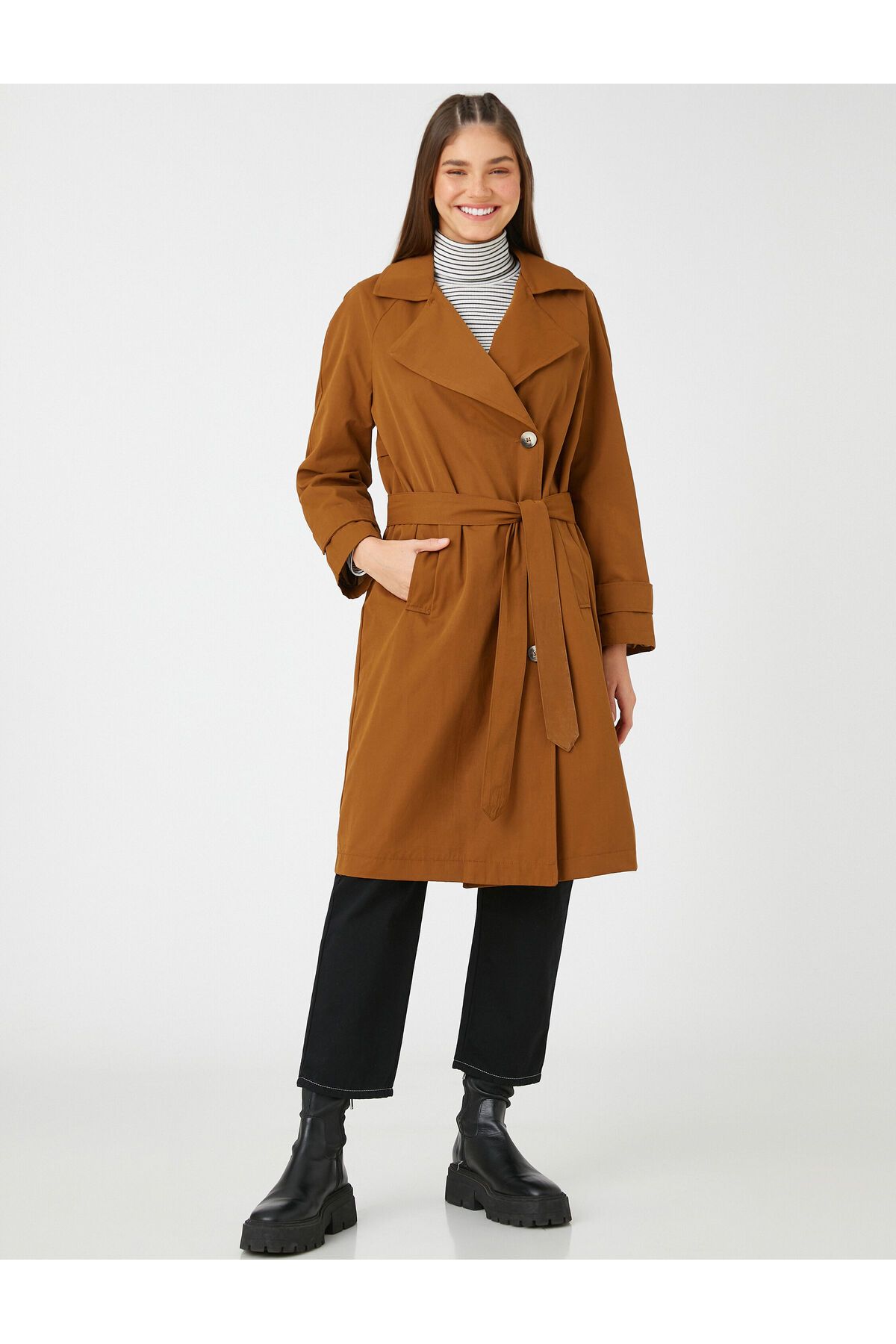 Koton-Midi Trench Coat ζωσμένος με κουμπιά μέσης Λεπτομερής 3