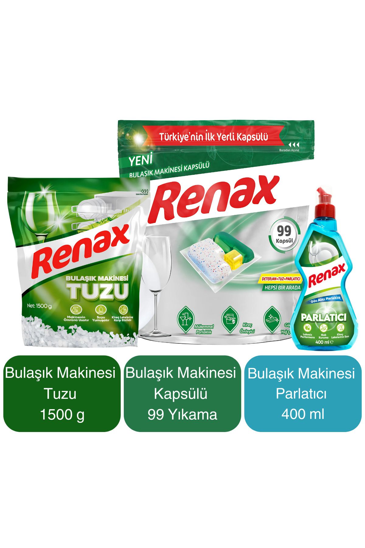 RENAX Bulaşık Makinesi Kapsülü Hepsi Bir Arada 99 Lu + Tuz 1500 g + Parlatıcı 400 ml