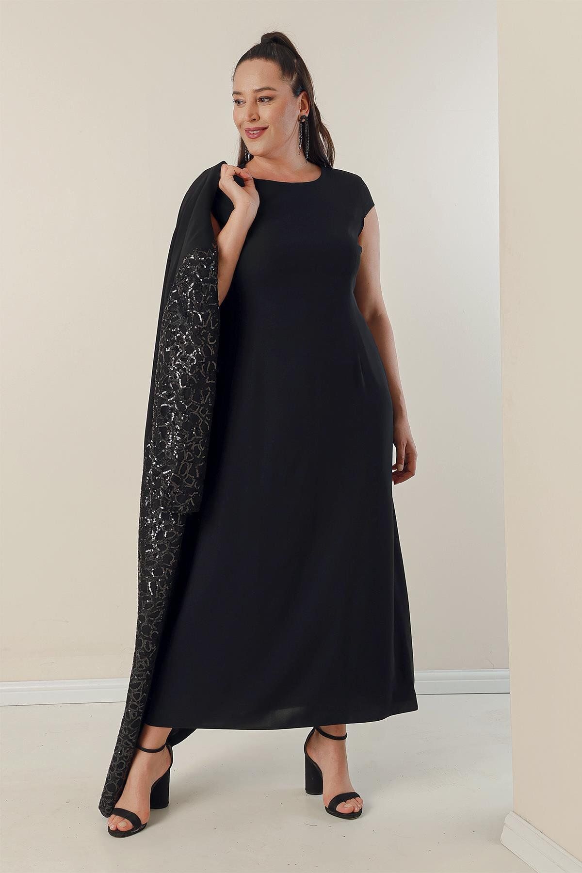 By Saygı-Half Moon Sleeve Long Crepe Dress with Sequined Kaftan Lining on the Sleeves and Front Plus Size 2-Piece Set 2